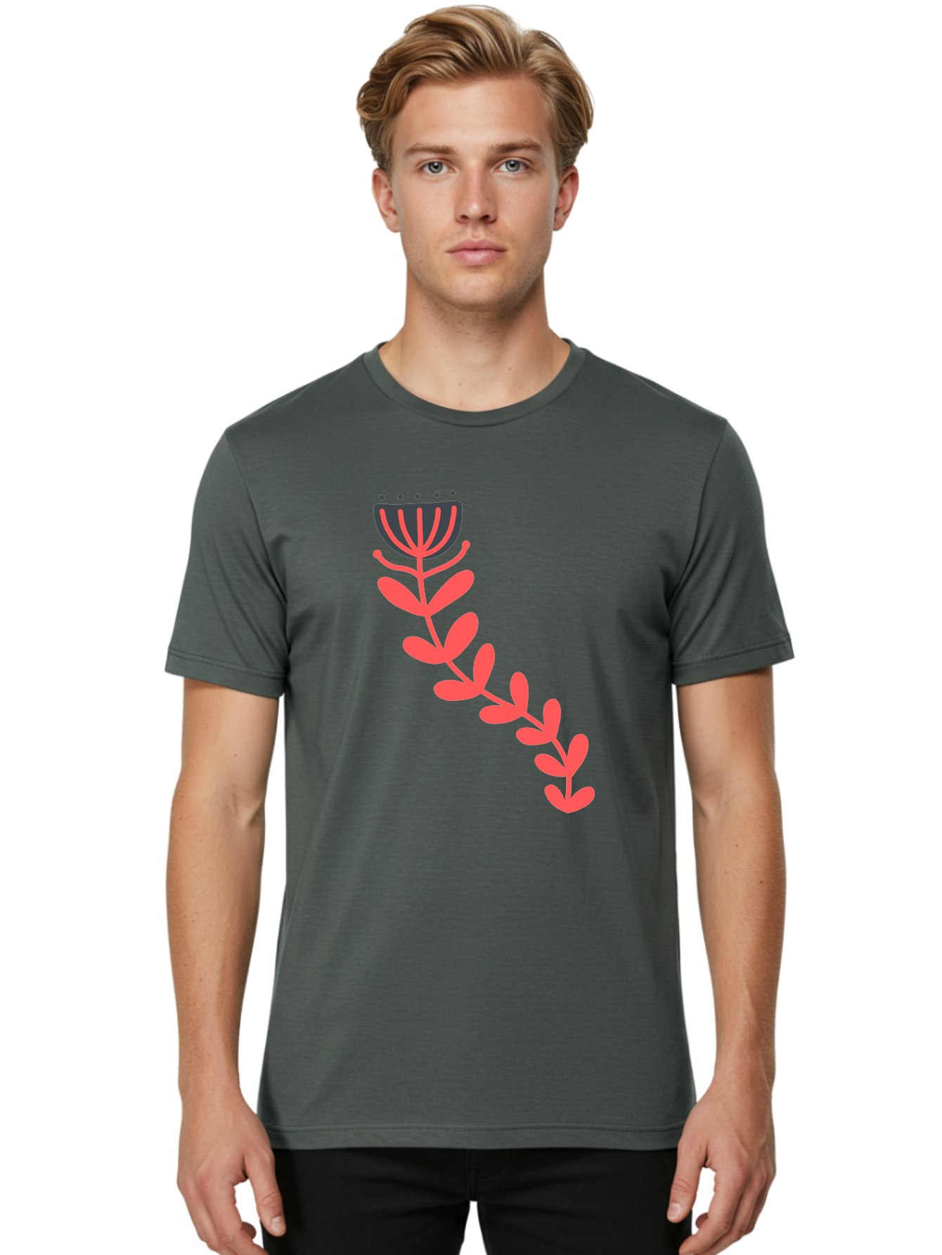 Flower-Illustration Men'S Graphic Tee, 100% Cotton, Comfortable Casual Summer Wear, Machine Washable, Stylized Tulip, Simple Design, Floral Pattern, Minimalist Art, Pink And Black, Leaves And Stem, Graphic Illustration, Modern Art Aab734 4