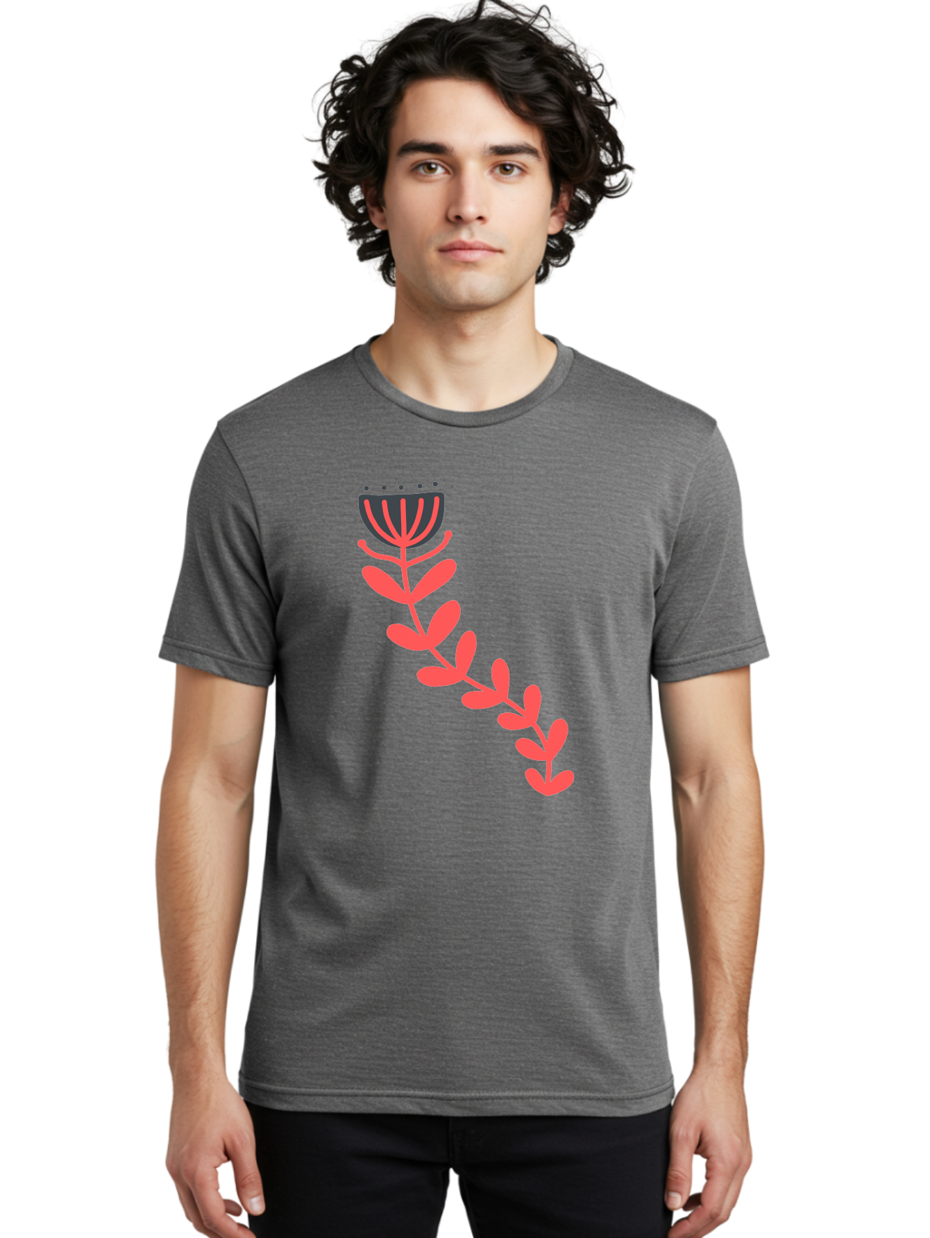 Flower-Illustration Men'S Graphic Tee, 100% Cotton, Comfortable Casual Summer Wear, Machine Washable, Stylized Tulip, Simple Design, Floral Pattern, Minimalist Art, Pink And Black, Leaves And Stem, Graphic Illustration, Modern Art Aab734 26