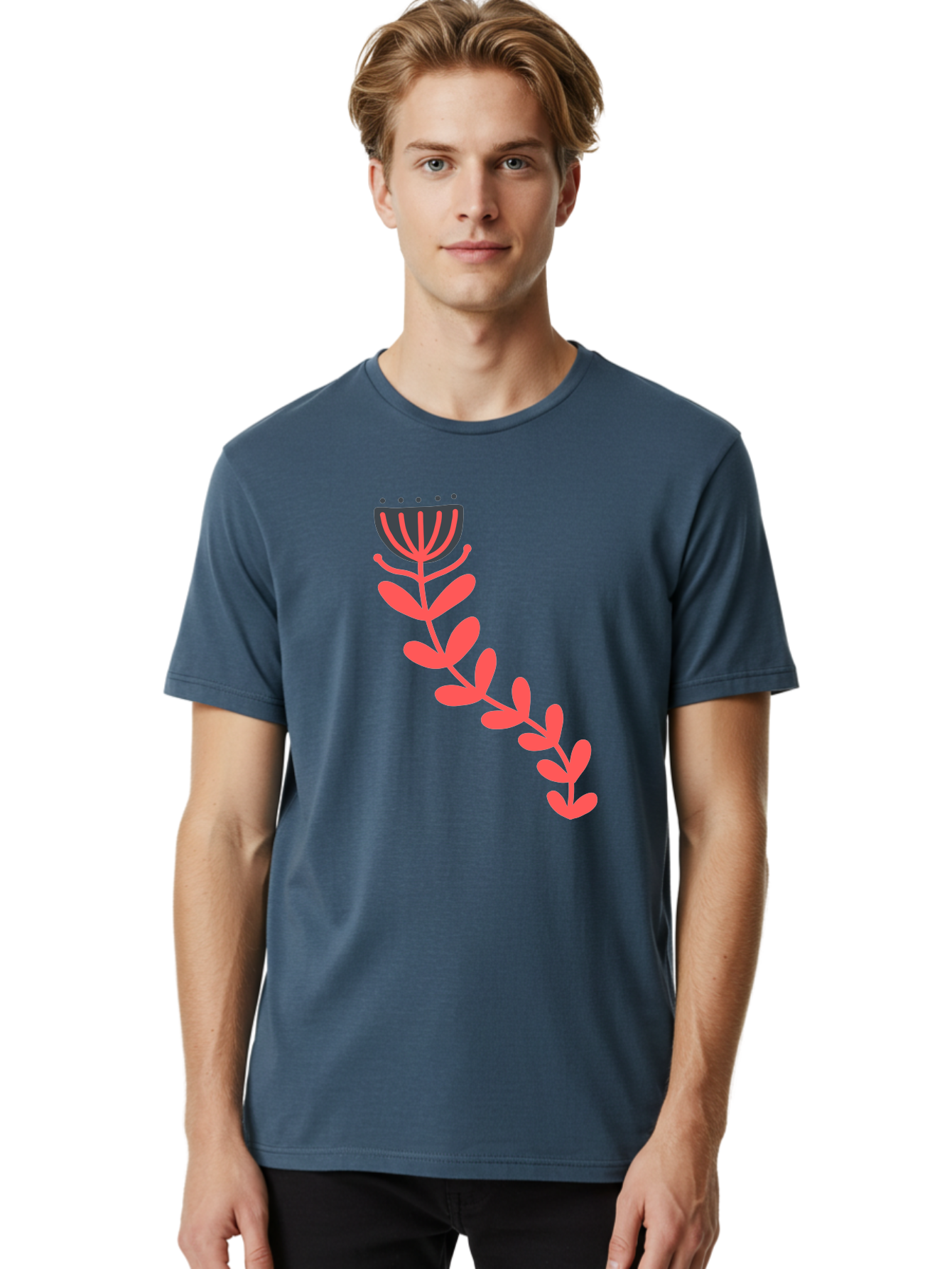 Flower-Illustration Men'S Graphic Tee, 100% Cotton, Comfortable Casual Summer Wear, Machine Washable, Stylized Tulip, Simple Design, Floral Pattern, Minimalist Art, Pink And Black, Leaves And Stem, Graphic Illustration, Modern Art Aab734 22