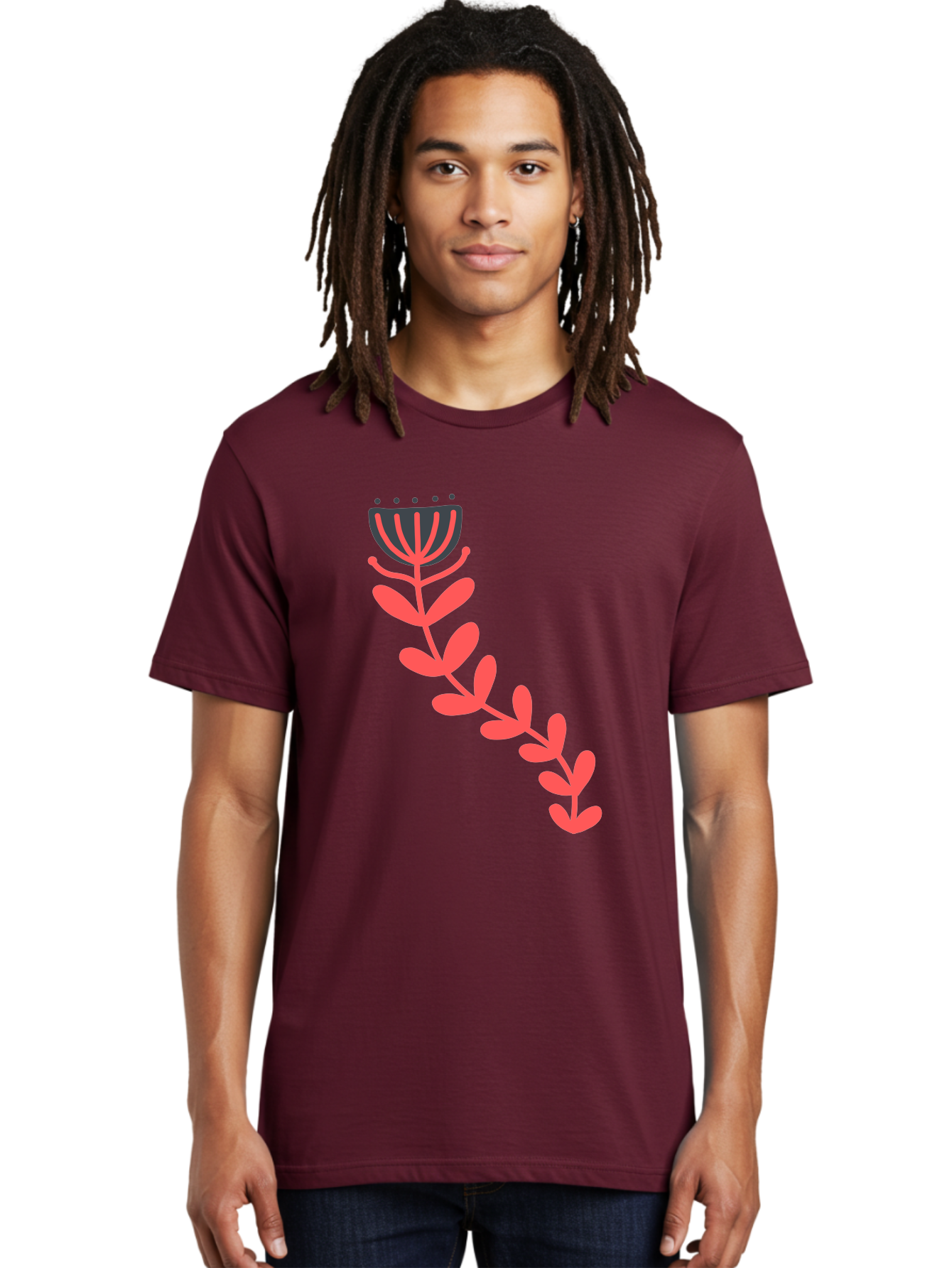 Flower-Illustration Men'S Graphic Tee, 100% Cotton, Comfortable Casual Summer Wear, Machine Washable, Stylized Tulip, Simple Design, Floral Pattern, Minimalist Art, Pink And Black, Leaves And Stem, Graphic Illustration, Modern Art Aab734 2