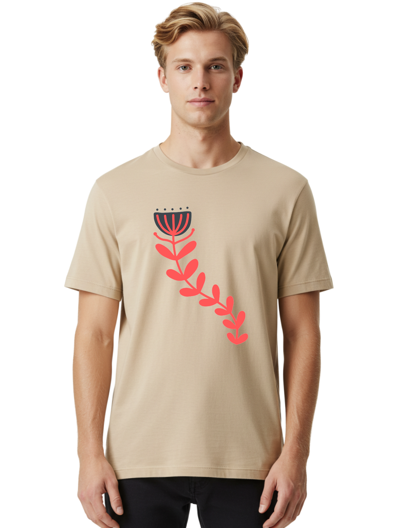 Flower-Illustration Men'S Graphic Tee, 100% Cotton, Comfortable Casual Summer Wear, Machine Washable, Stylized Tulip, Simple Design, Floral Pattern, Minimalist Art, Pink And Black, Leaves And Stem, Graphic Illustration, Modern Art Aab734 16