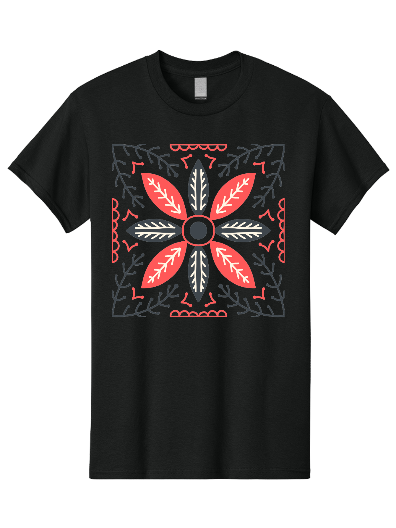Flower-Mandala Men'S Graphic Tee, 100% Cotton, Comfortable Casual Summer Wear, Machine Washable, Symmetrical Floral Design, Colorful Pattern, Red And Black Petals, White Leaf Details, Floral Motif, Decorative Art, Vibrant Colors, Aab735 19