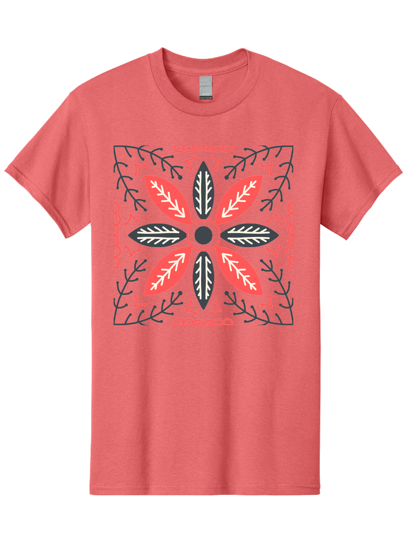 Flower-Mandala Men'S Graphic Tee, 100% Cotton, Comfortable Casual Summer Wear, Machine Washable, Symmetrical Floral Design, Colorful Pattern, Red And Black Petals, White Leaf Details, Floral Motif, Decorative Art, Vibrant Colors, Aab735 25