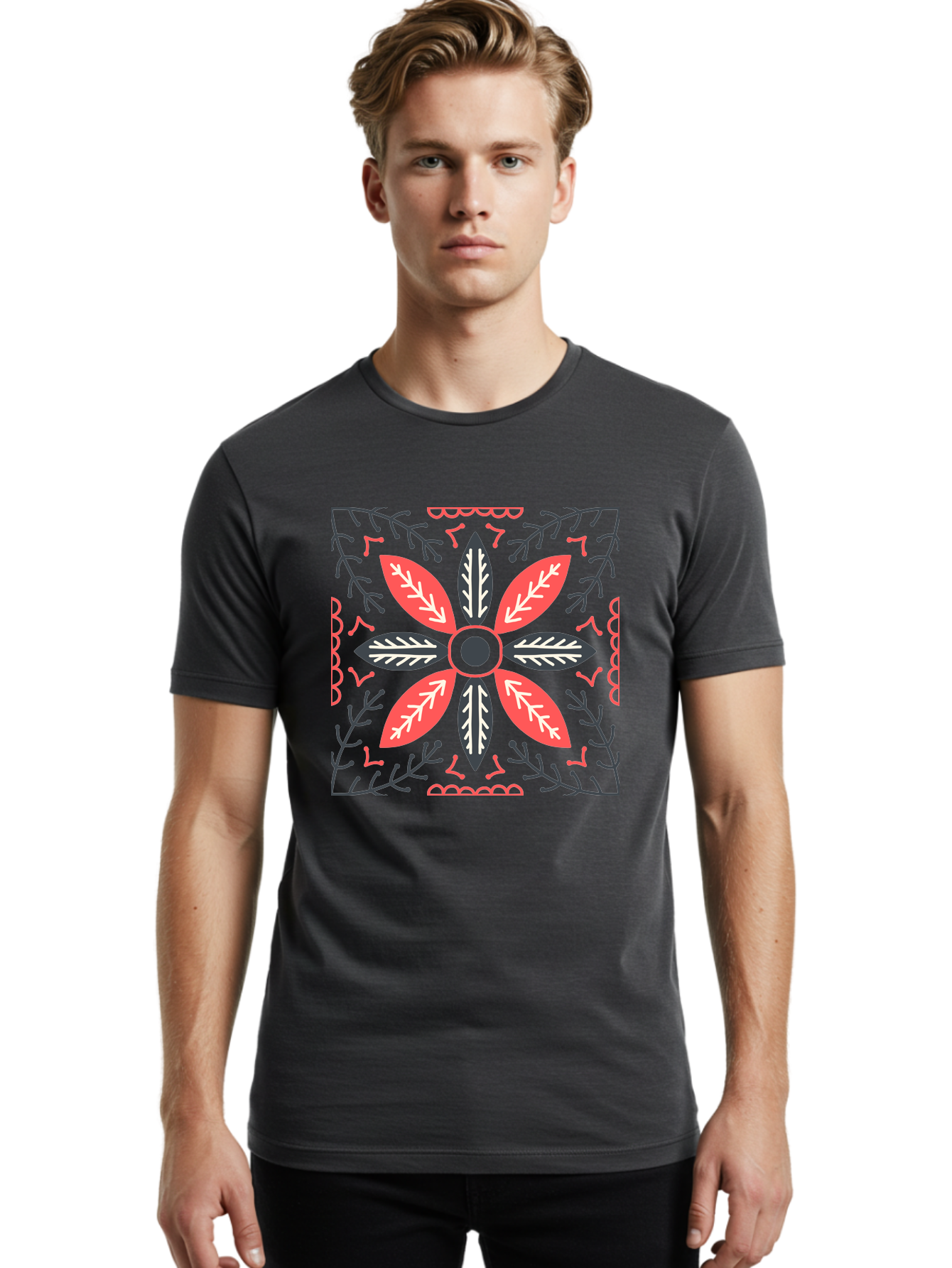 Flower-Mandala Men'S Graphic Tee, 100% Cotton, Comfortable Casual Summer Wear, Machine Washable, Symmetrical Floral Design, Colorful Pattern, Red And Black Petals, White Leaf Details, Floral Motif, Decorative Art, Vibrant Colors, Aab735 14