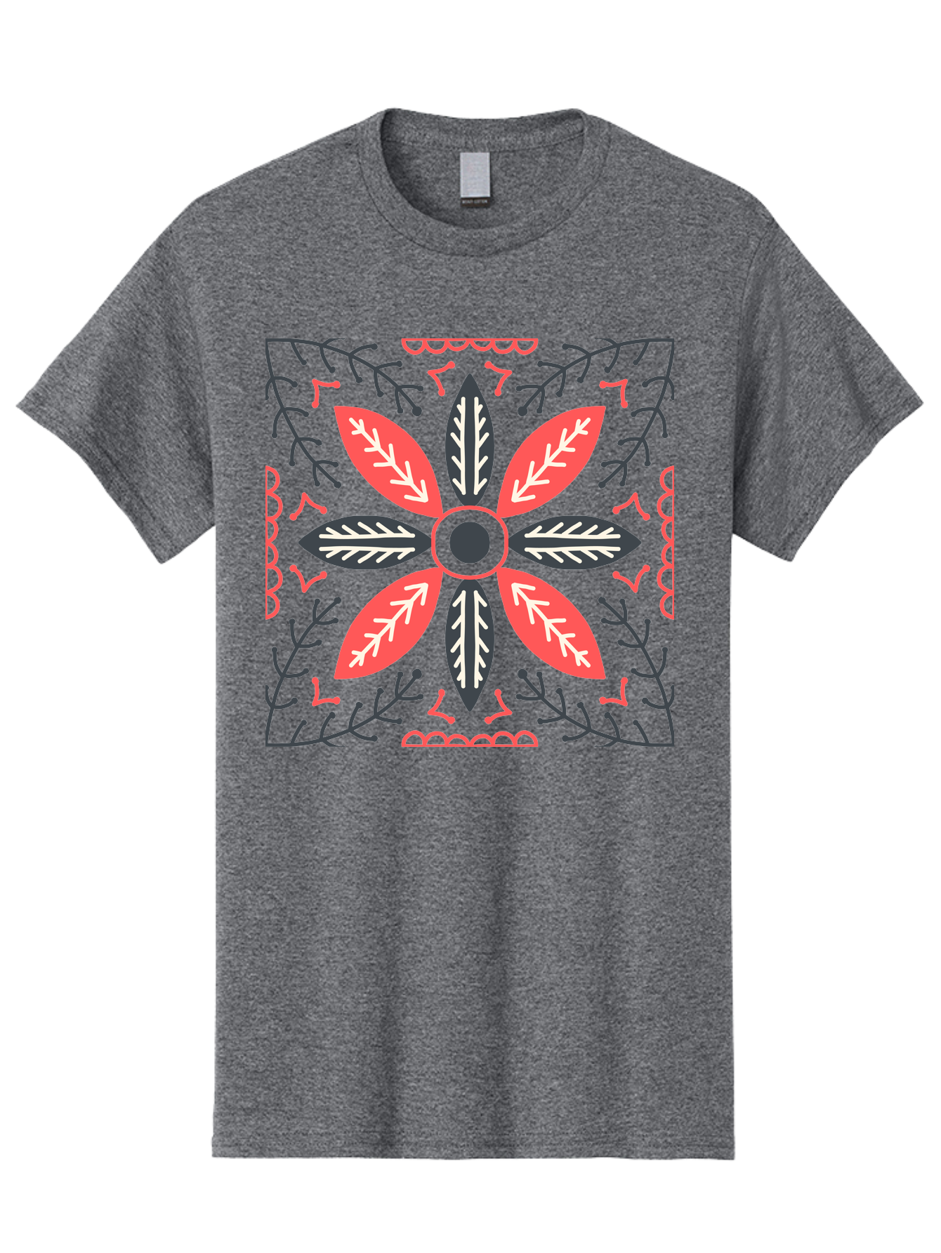 Flower-Mandala Men'S Graphic Tee, 100% Cotton, Comfortable Casual Summer Wear, Machine Washable, Symmetrical Floral Design, Colorful Pattern, Red And Black Petals, White Leaf Details, Floral Motif, Decorative Art, Vibrant Colors, Aab735 1