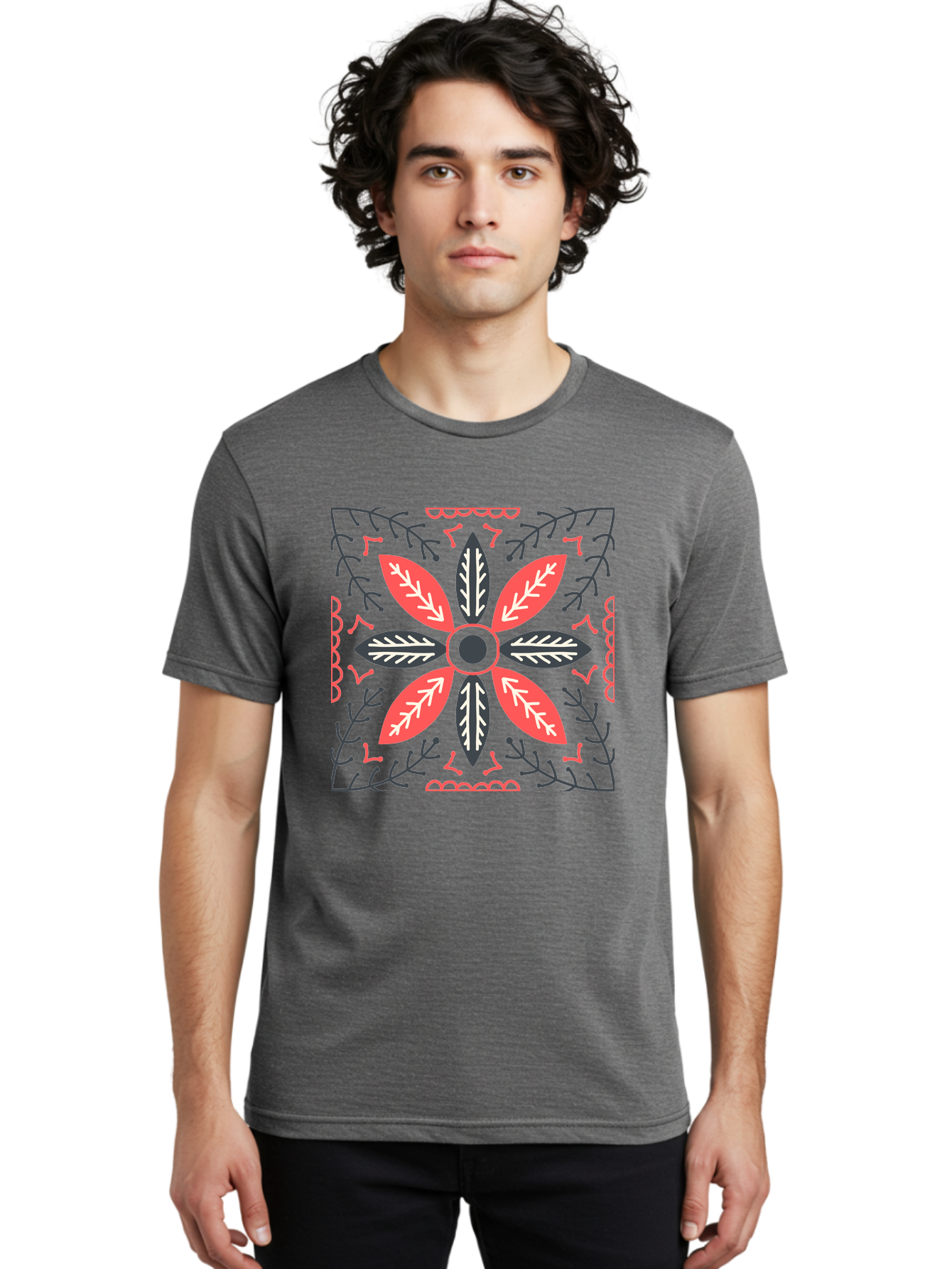 Flower-Mandala Men'S Graphic Tee, 100% Cotton, Comfortable Casual Summer Wear, Machine Washable, Symmetrical Floral Design, Colorful Pattern, Red And Black Petals, White Leaf Details, Floral Motif, Decorative Art, Vibrant Colors, Aab735 2