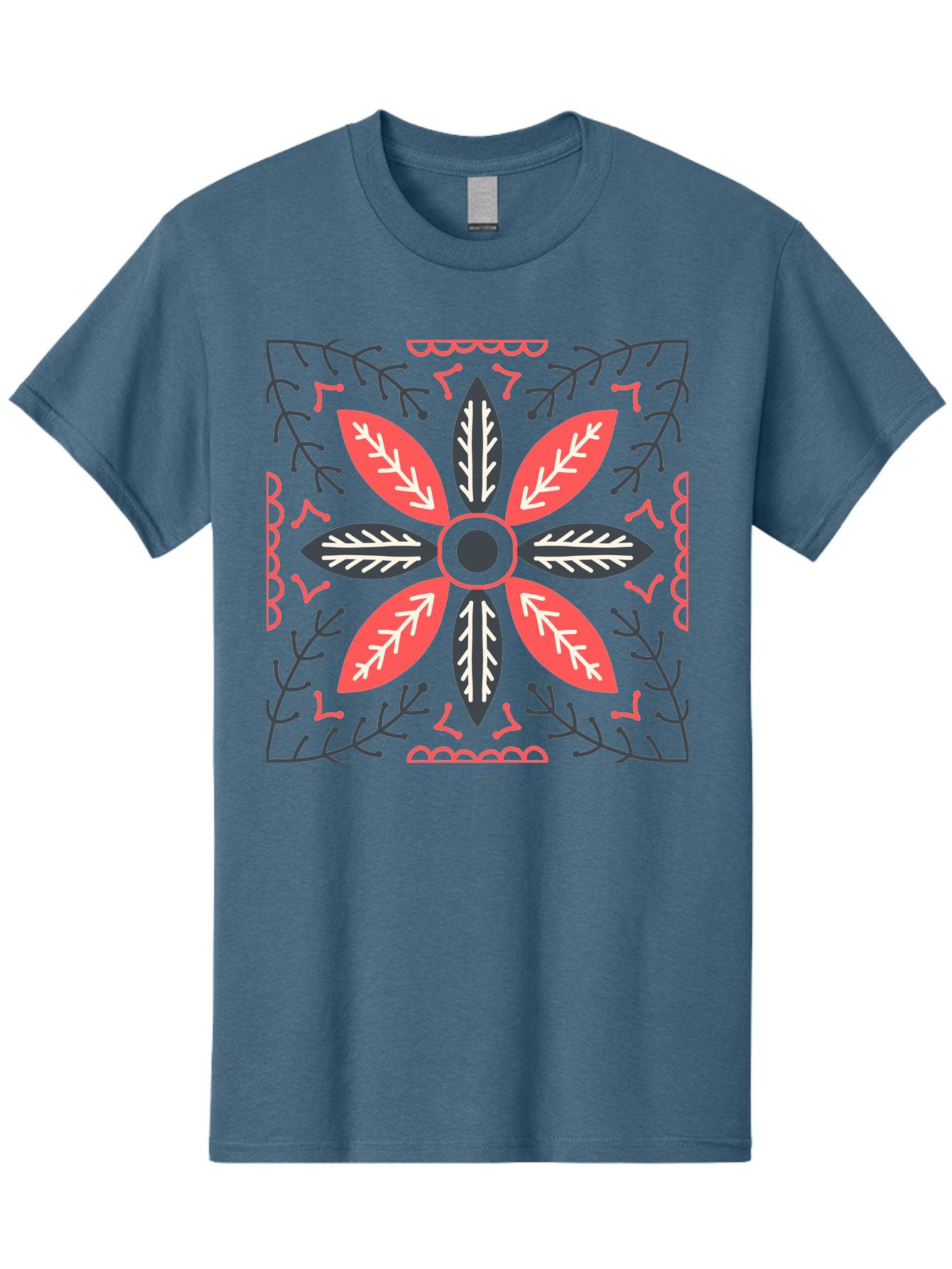 Flower-Mandala Men'S Graphic Tee, 100% Cotton, Comfortable Casual Summer Wear, Machine Washable, Symmetrical Floral Design, Colorful Pattern, Red And Black Petals, White Leaf Details, Floral Motif, Decorative Art, Vibrant Colors, Aab735 7