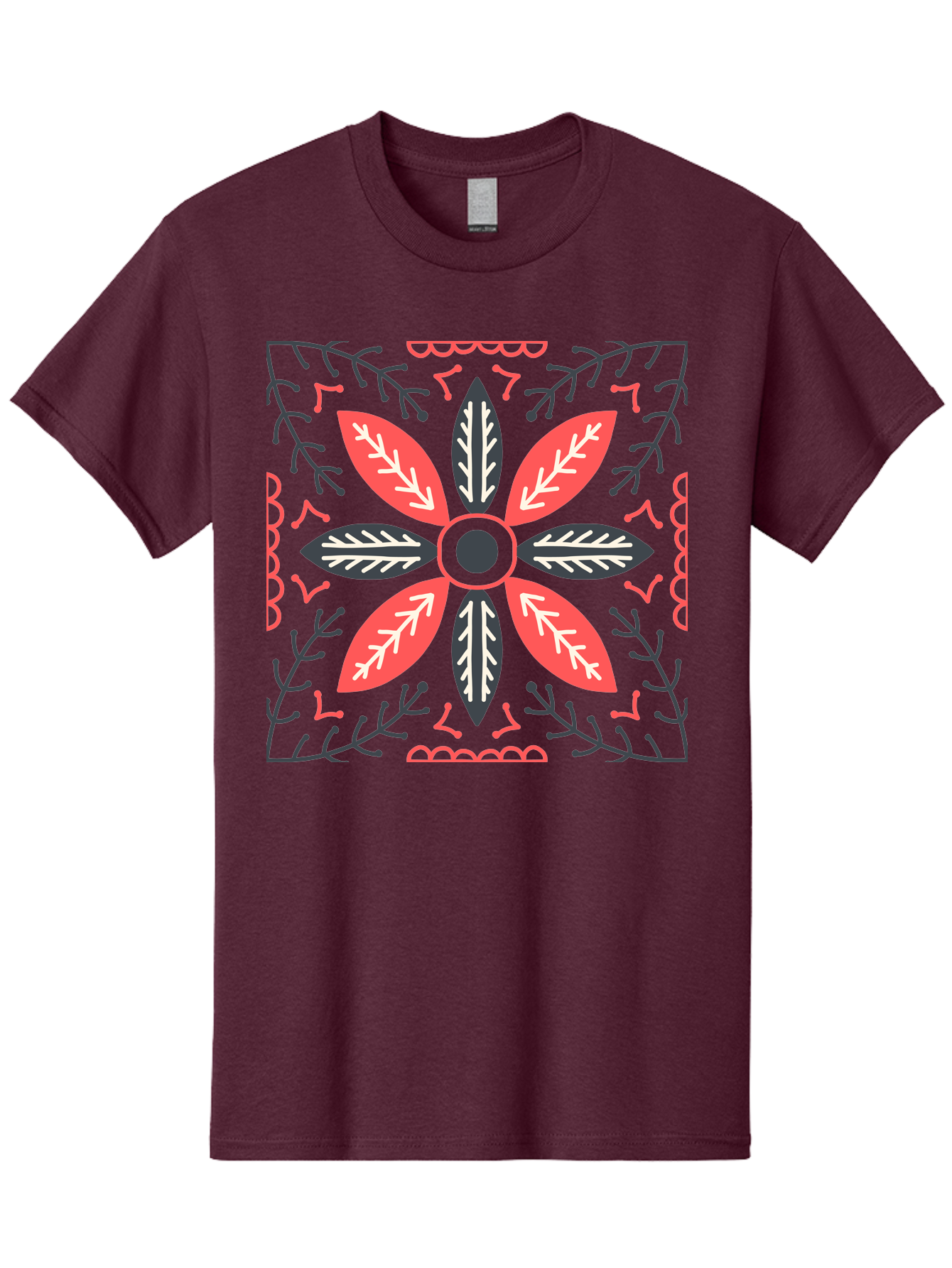 Flower-Mandala Men'S Graphic Tee, 100% Cotton, Comfortable Casual Summer Wear, Machine Washable, Symmetrical Floral Design, Colorful Pattern, Red And Black Petals, White Leaf Details, Floral Motif, Decorative Art, Vibrant Colors, Aab735 21