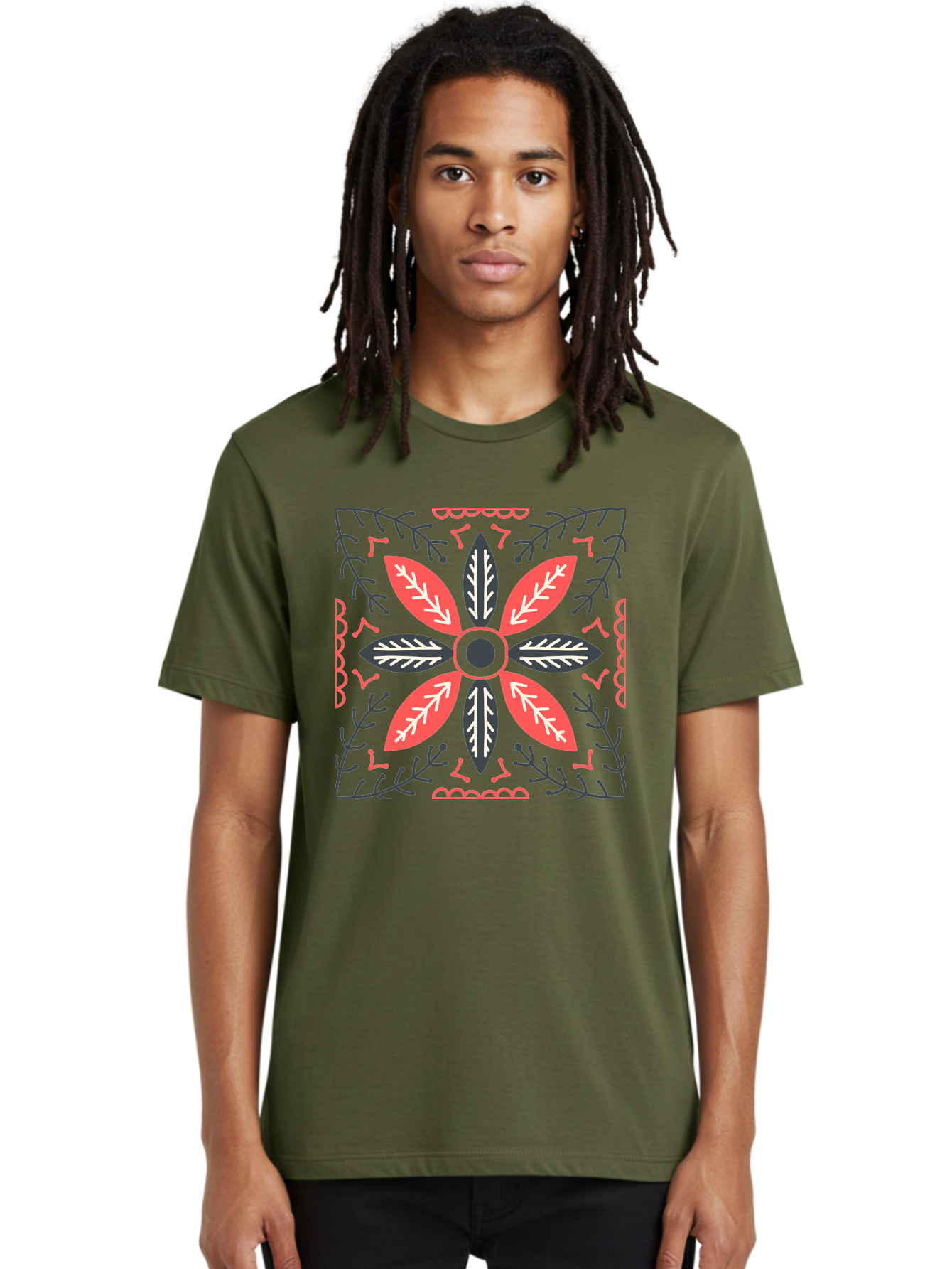 Flower-Mandala Men'S Graphic Tee, 100% Cotton, Comfortable Casual Summer Wear, Machine Washable, Symmetrical Floral Design, Colorful Pattern, Red And Black Petals, White Leaf Details, Floral Motif, Decorative Art, Vibrant Colors, Aab735 16