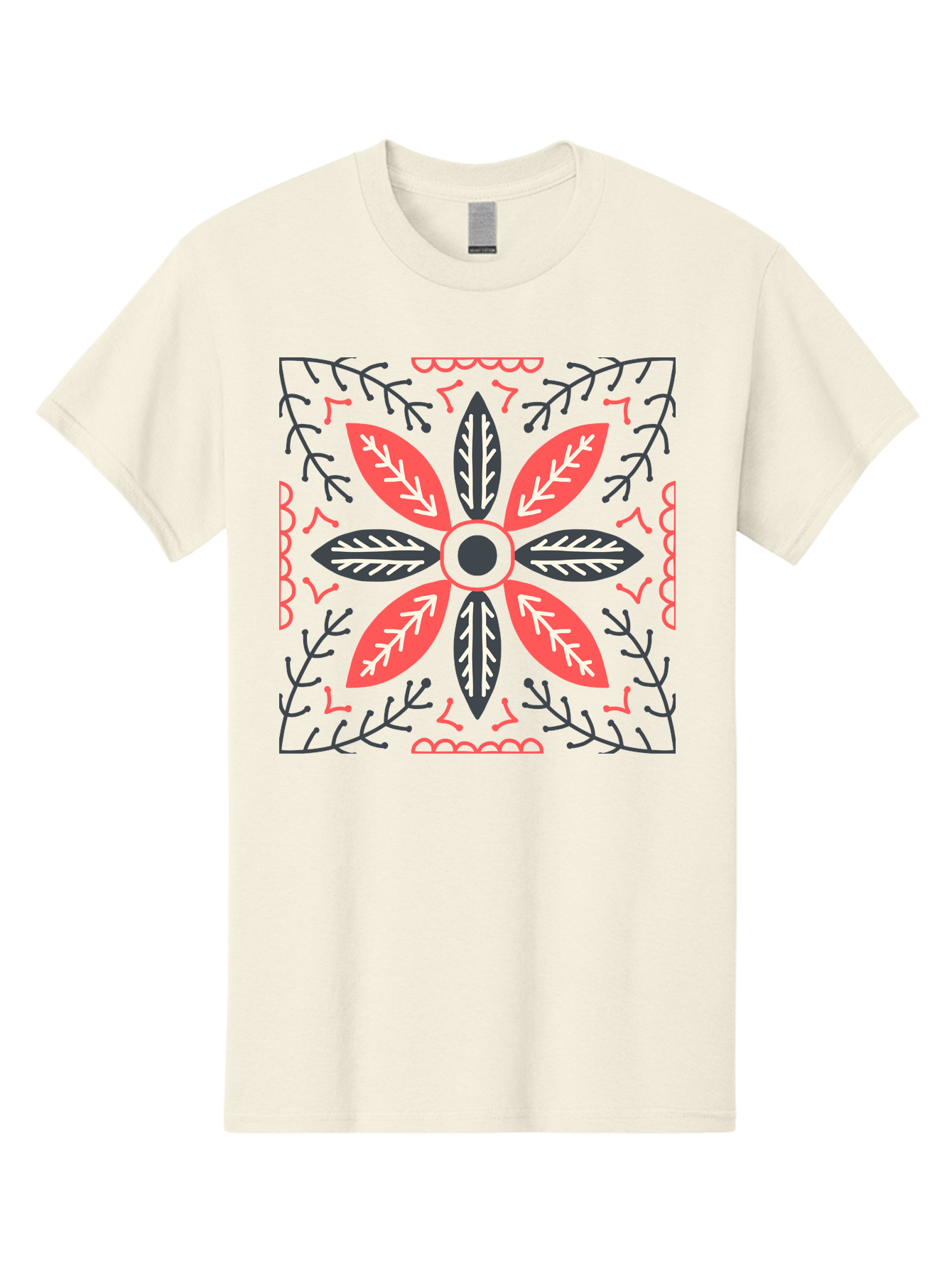 Flower-Mandala Men'S Graphic Tee, 100% Cotton, Comfortable Casual Summer Wear, Machine Washable, Symmetrical Floral Design, Colorful Pattern, Red And Black Petals, White Leaf Details, Floral Motif, Decorative Art, Vibrant Colors, Aab735 17