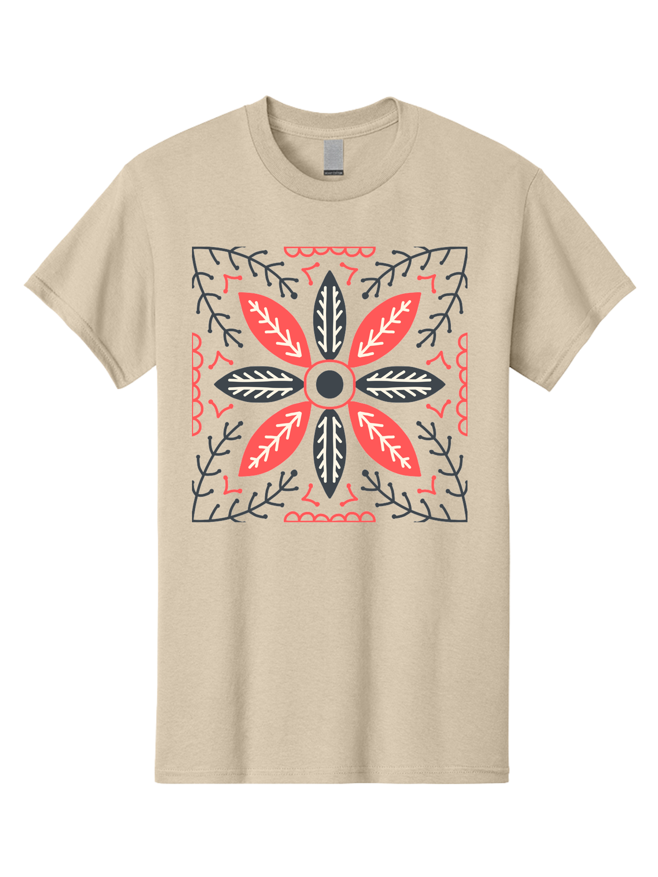 Flower-Mandala Men'S Graphic Tee, 100% Cotton, Comfortable Casual Summer Wear, Machine Washable, Symmetrical Floral Design, Colorful Pattern, Red And Black Petals, White Leaf Details, Floral Motif, Decorative Art, Vibrant Colors, Aab735 11
