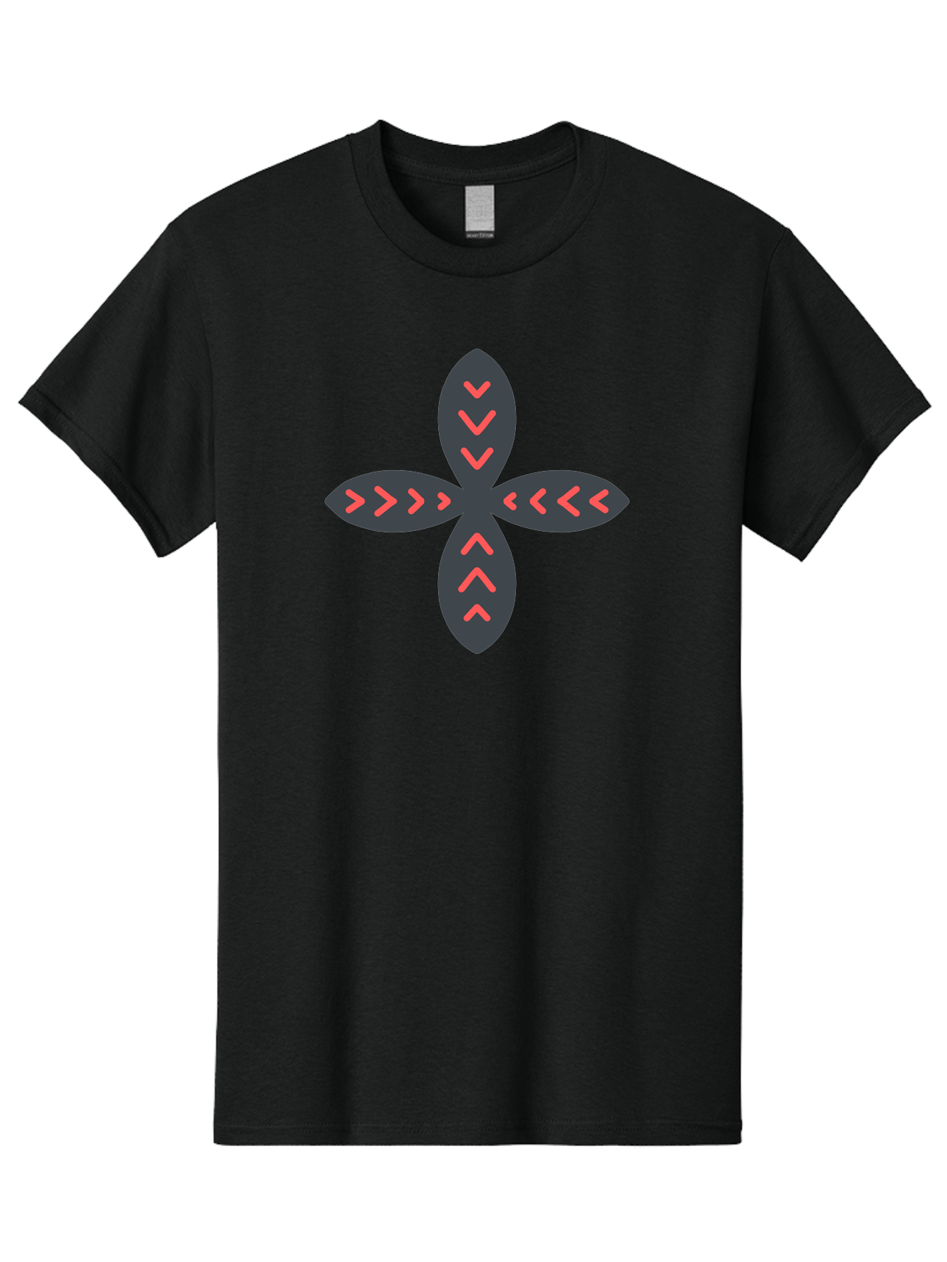 Flower-With-Chevron-Patterns Men'S Graphic Tee, 100% Cotton, Comfortable Casual Summer Wear, Machine Washable, Four Leaf Clover, Red Arrow Motifs, Dark Gray Leaves, Red Chevrons, Symmetrical Design, Abstract Logo, Modern Graphic Design Aab740 29