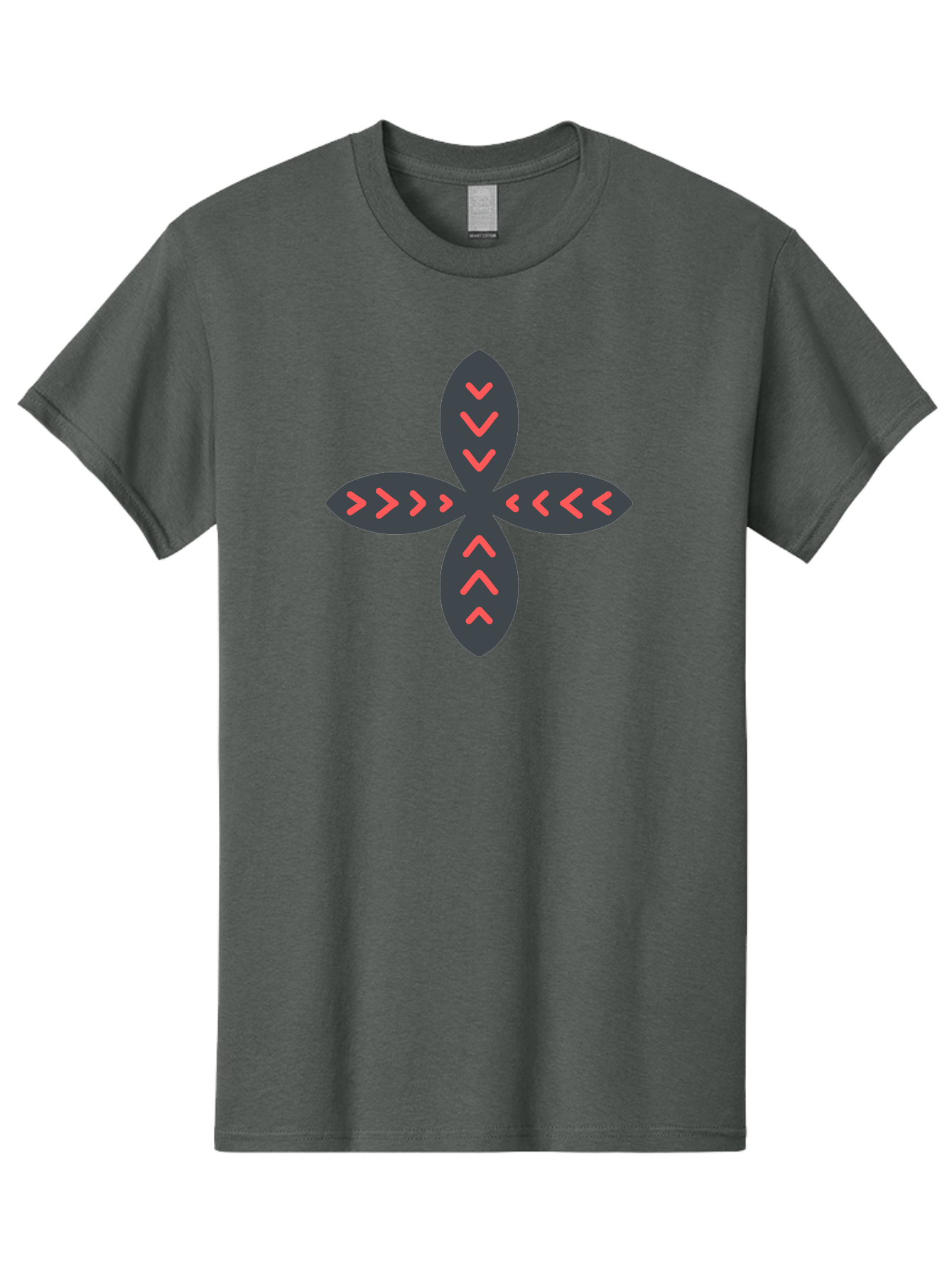 Flower-With-Chevron-Patterns Men'S Graphic Tee, 100% Cotton, Comfortable Casual Summer Wear, Machine Washable, Four Leaf Clover, Red Arrow Motifs, Dark Gray Leaves, Red Chevrons, Symmetrical Design, Abstract Logo, Modern Graphic Design Aab740 21