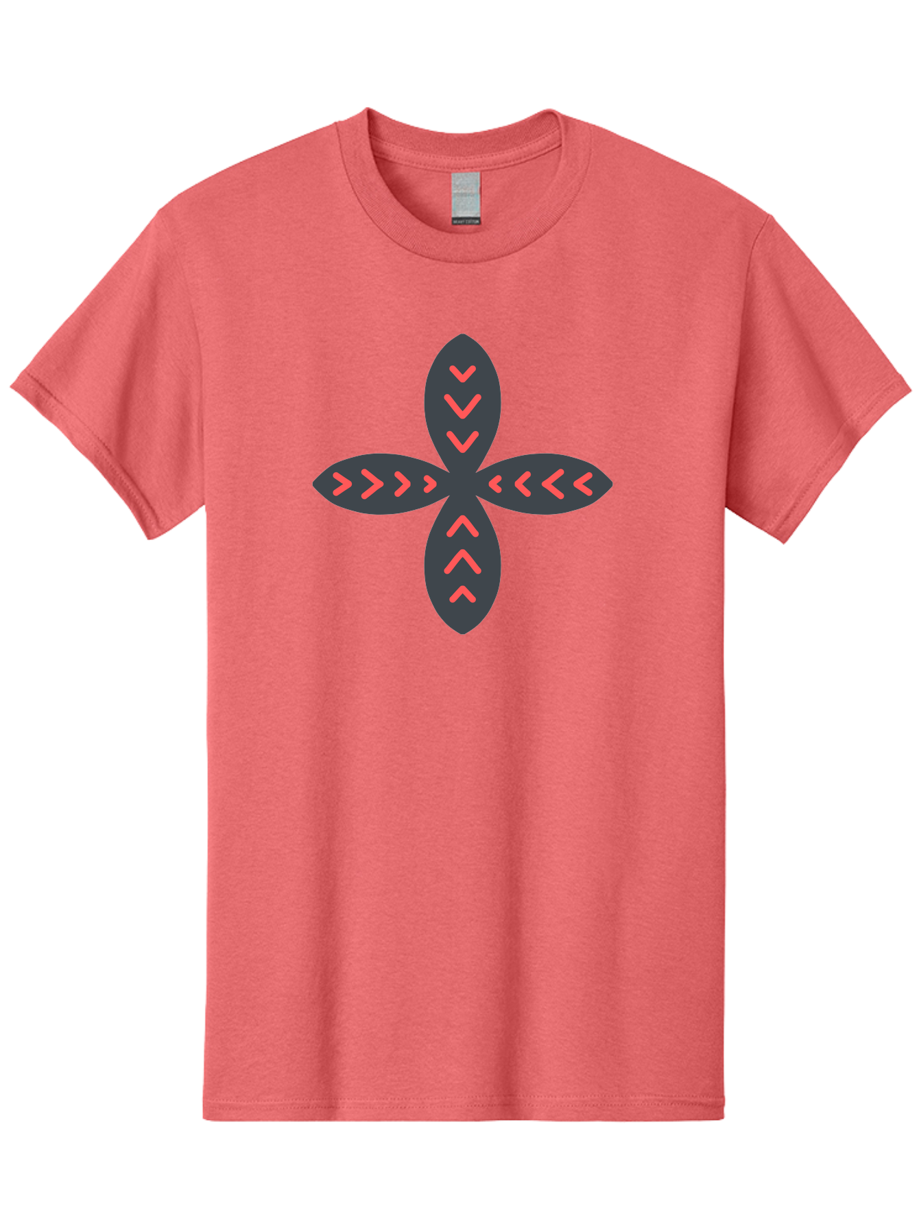 Flower-With-Chevron-Patterns Men'S Graphic Tee, 100% Cotton, Comfortable Casual Summer Wear, Machine Washable, Four Leaf Clover, Red Arrow Motifs, Dark Gray Leaves, Red Chevrons, Symmetrical Design, Abstract Logo, Modern Graphic Design Aab740 5