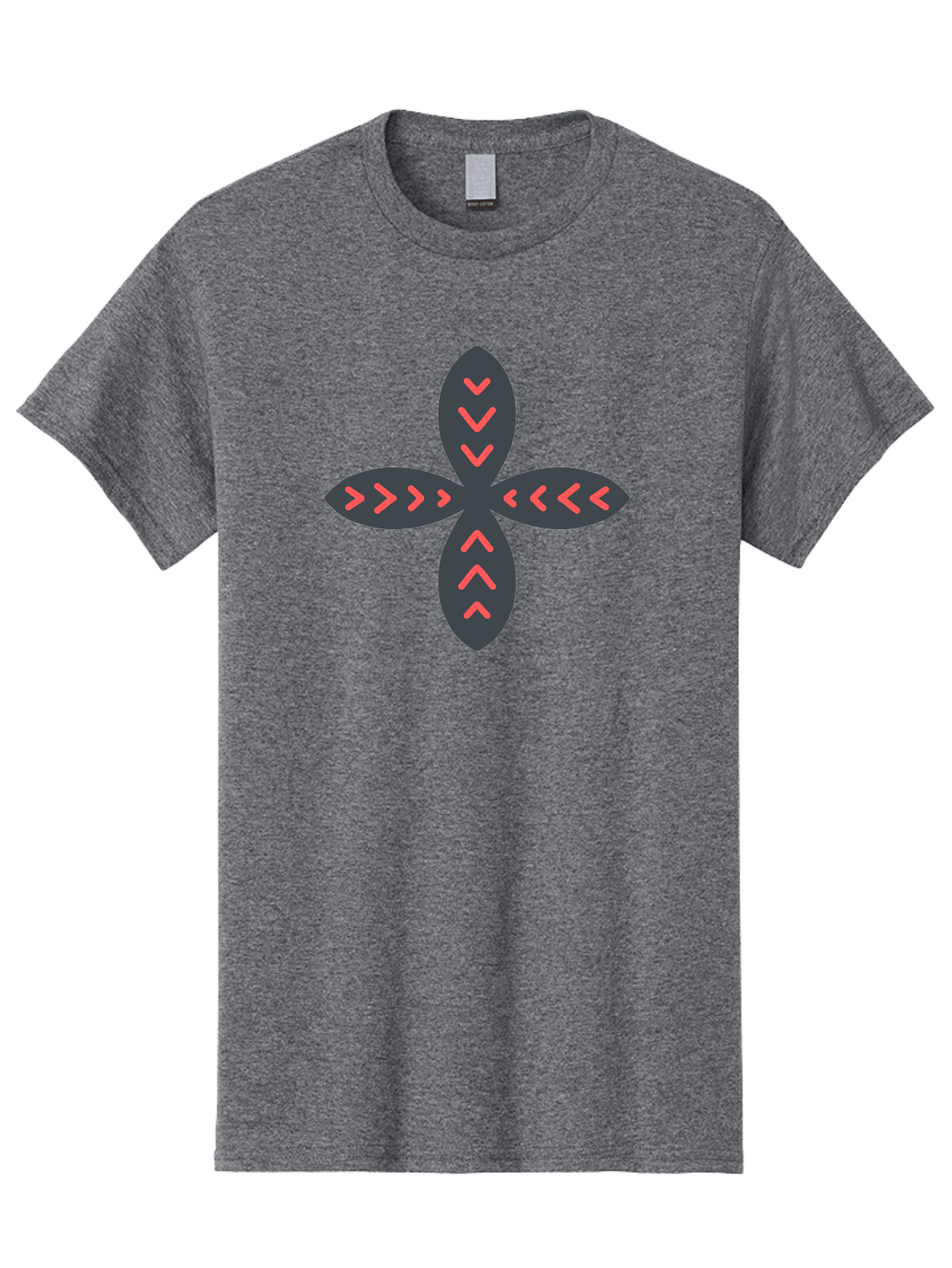 Flower-With-Chevron-Patterns Men'S Graphic Tee, 100% Cotton, Comfortable Casual Summer Wear, Machine Washable, Four Leaf Clover, Red Arrow Motifs, Dark Gray Leaves, Red Chevrons, Symmetrical Design, Abstract Logo, Modern Graphic Design Aab740 13