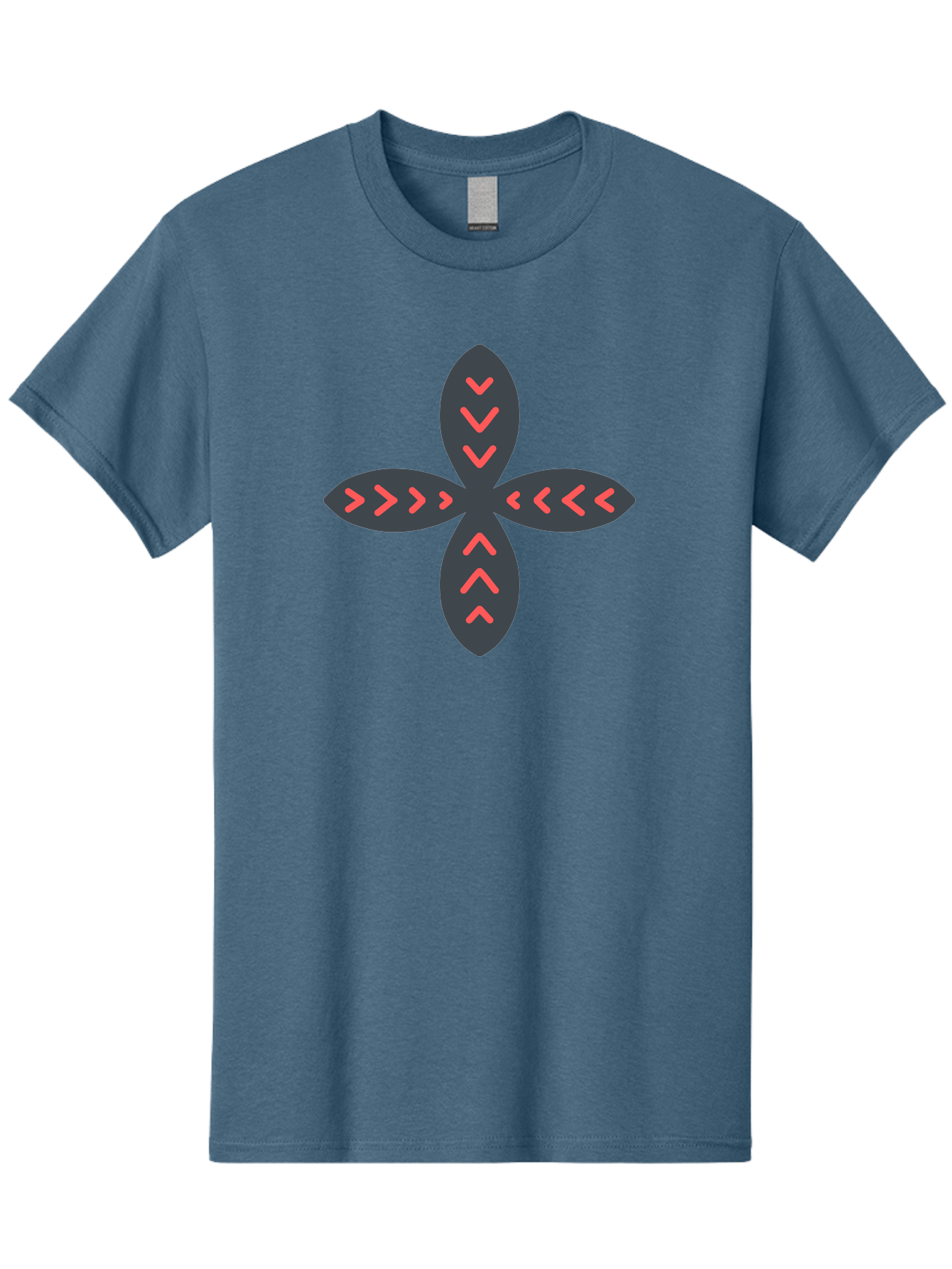 Flower-With-Chevron-Patterns Men'S Graphic Tee, 100% Cotton, Comfortable Casual Summer Wear, Machine Washable, Four Leaf Clover, Red Arrow Motifs, Dark Gray Leaves, Red Chevrons, Symmetrical Design, Abstract Logo, Modern Graphic Design Aab740 25