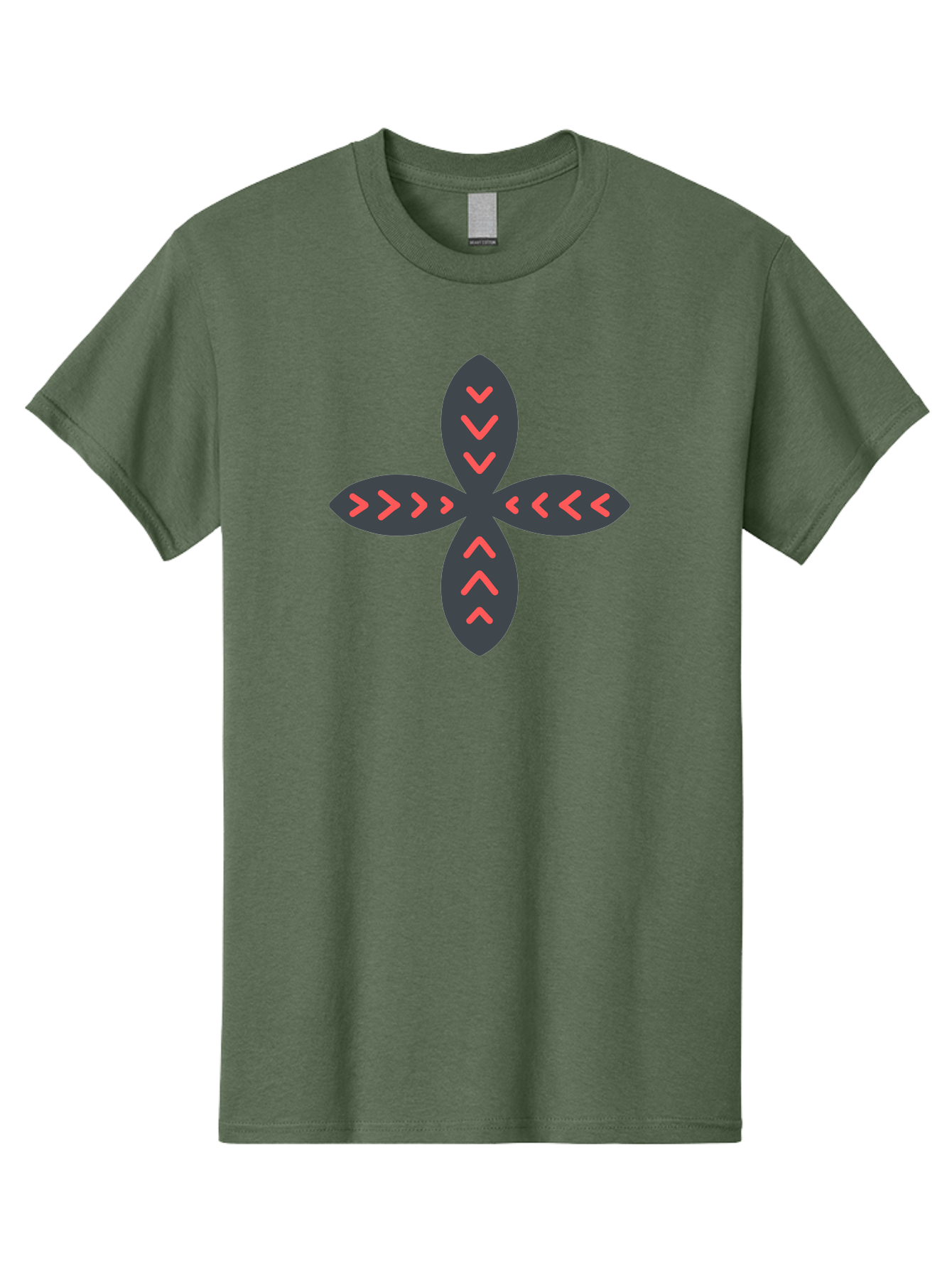 Flower-With-Chevron-Patterns Men'S Graphic Tee, 100% Cotton, Comfortable Casual Summer Wear, Machine Washable, Four Leaf Clover, Red Arrow Motifs, Dark Gray Leaves, Red Chevrons, Symmetrical Design, Abstract Logo, Modern Graphic Design Aab740 3