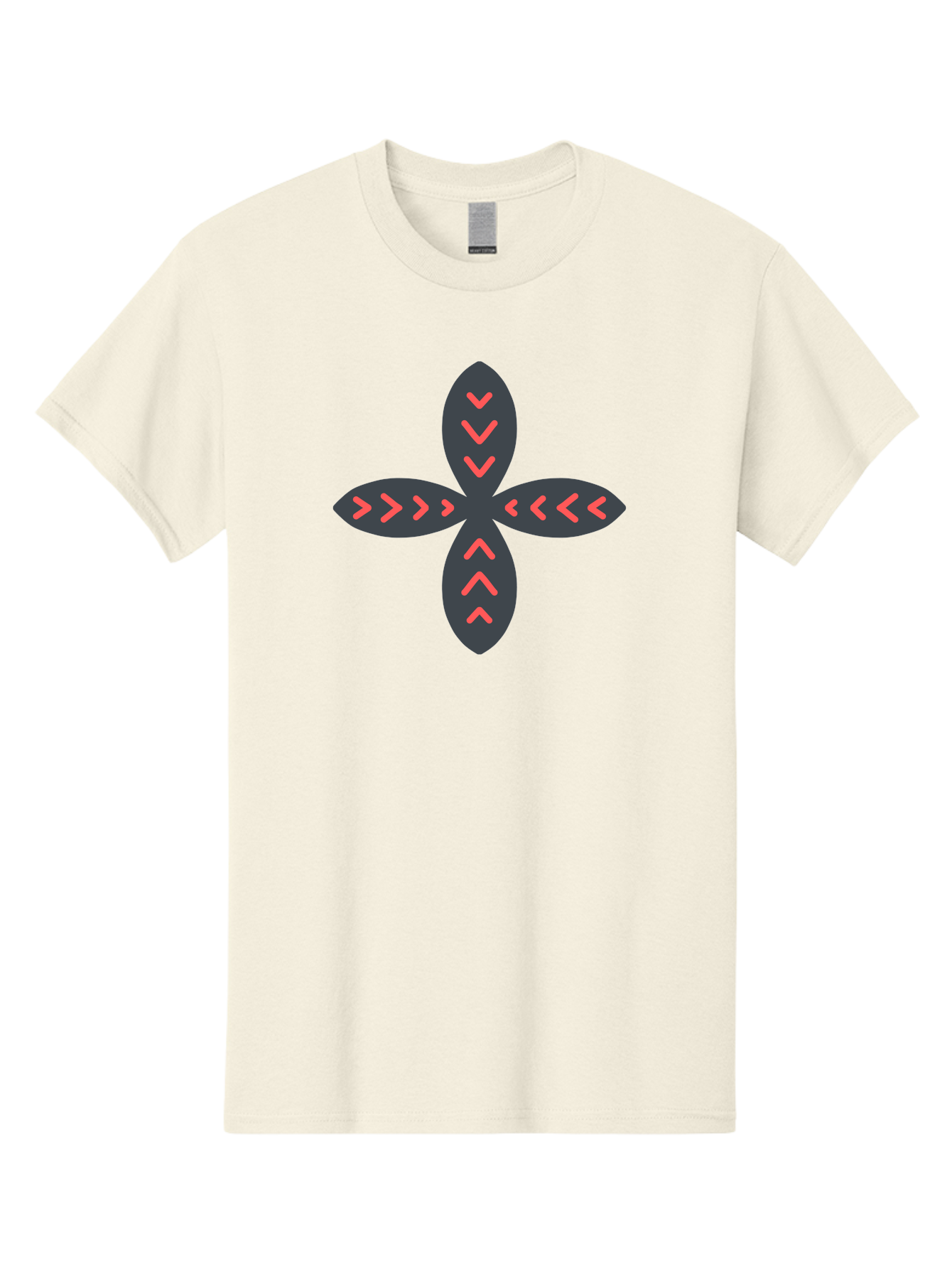 Flower-With-Chevron-Patterns Men'S Graphic Tee, 100% Cotton, Comfortable Casual Summer Wear, Machine Washable, Four Leaf Clover, Red Arrow Motifs, Dark Gray Leaves, Red Chevrons, Symmetrical Design, Abstract Logo, Modern Graphic Design Aab740 1