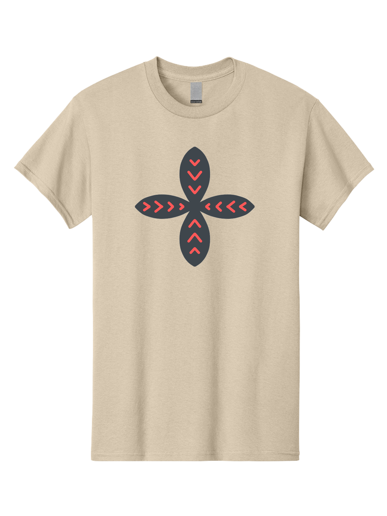 Flower-With-Chevron-Patterns Men'S Graphic Tee, 100% Cotton, Comfortable Casual Summer Wear, Machine Washable, Four Leaf Clover, Red Arrow Motifs, Dark Gray Leaves, Red Chevrons, Symmetrical Design, Abstract Logo, Modern Graphic Design Aab740 17