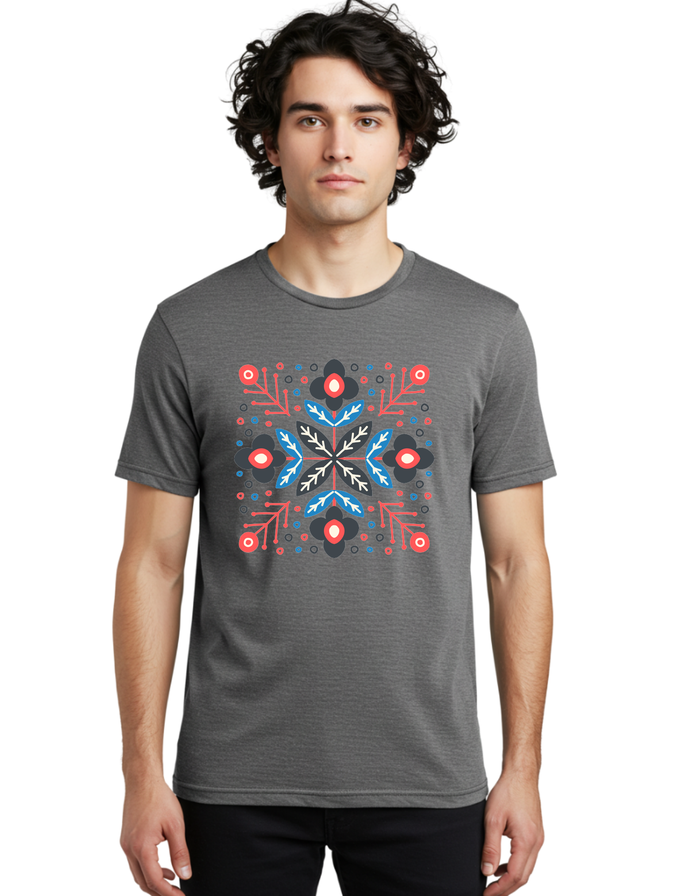 Folk-Floral-Pattern Men'S Graphic Tee, 100% Cotton, Comfortable Casual Summer Wear, Machine Washable, Floral Pattern, Geometric Shapes, Symmetrical Design, Bold Colors, Abstract Flowers, Decorative Art, Vibrant Hues, Modern Motif, Aab745 6