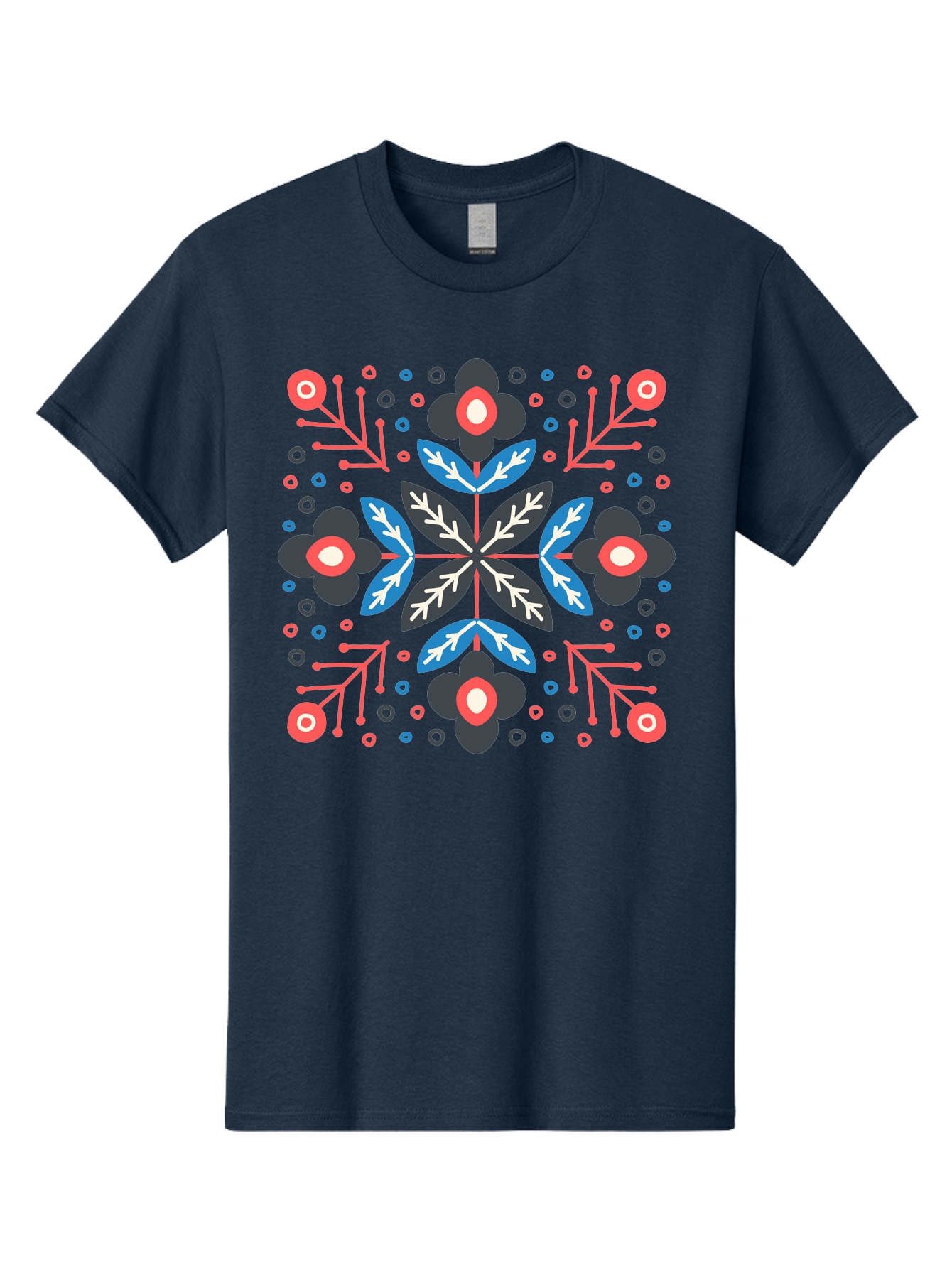 Folk-Floral-Pattern Men'S Graphic Tee, 100% Cotton, Comfortable Casual Summer Wear, Machine Washable, Floral Pattern, Geometric Shapes, Symmetrical Design, Bold Colors, Abstract Flowers, Decorative Art, Vibrant Hues, Modern Motif, Aab745 25