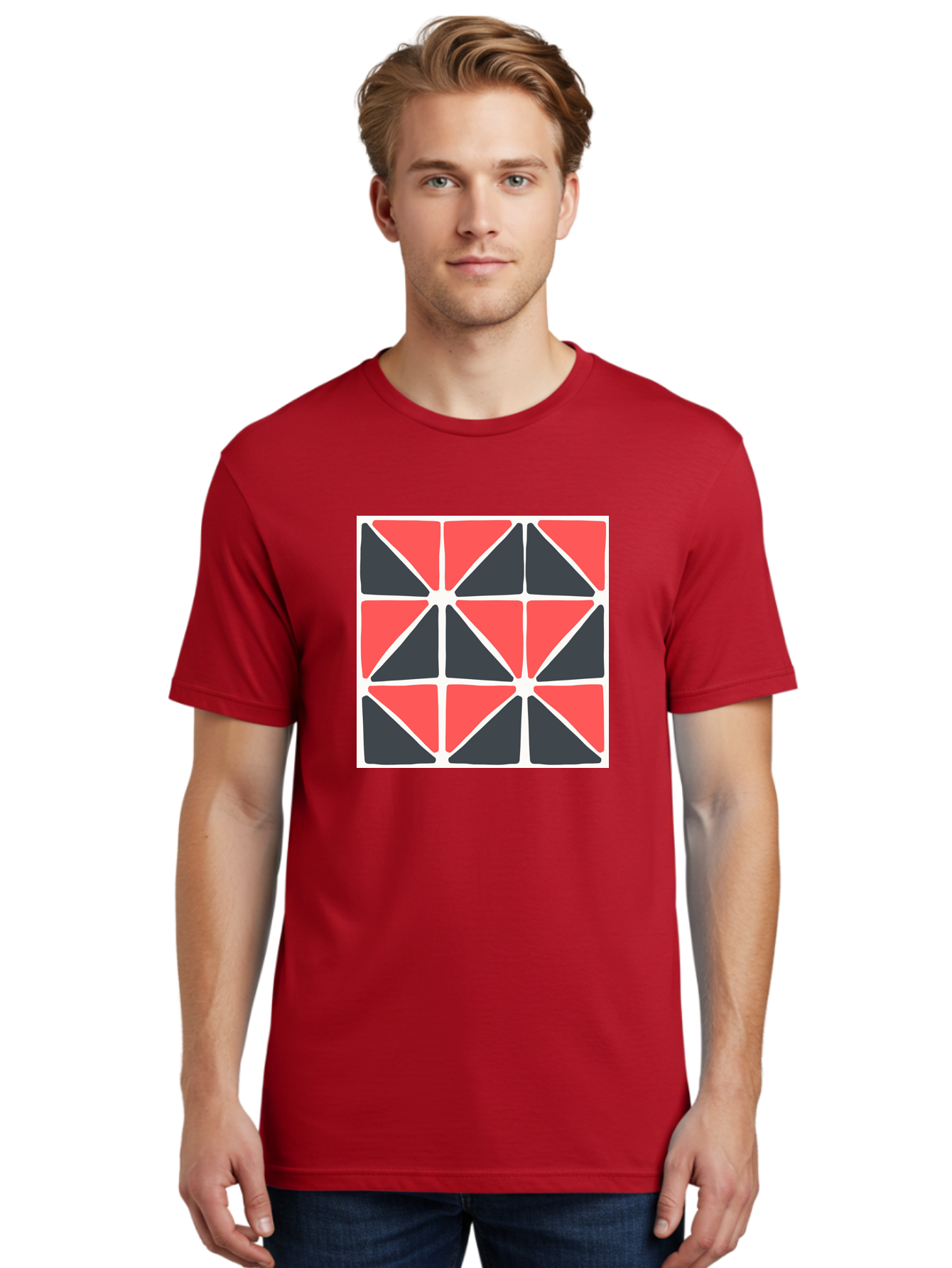 Geometric-Pattern-3 Men'S Graphic Tee, 100% Cotton, Comfortable Casual Summer Wear, Machine Washable, Geometric Pattern, Red And Black Triangles, Abstract Design, Symmetrical Shapes, Modern Art, Minimalist Style, Bold Colors, Aab751 24
