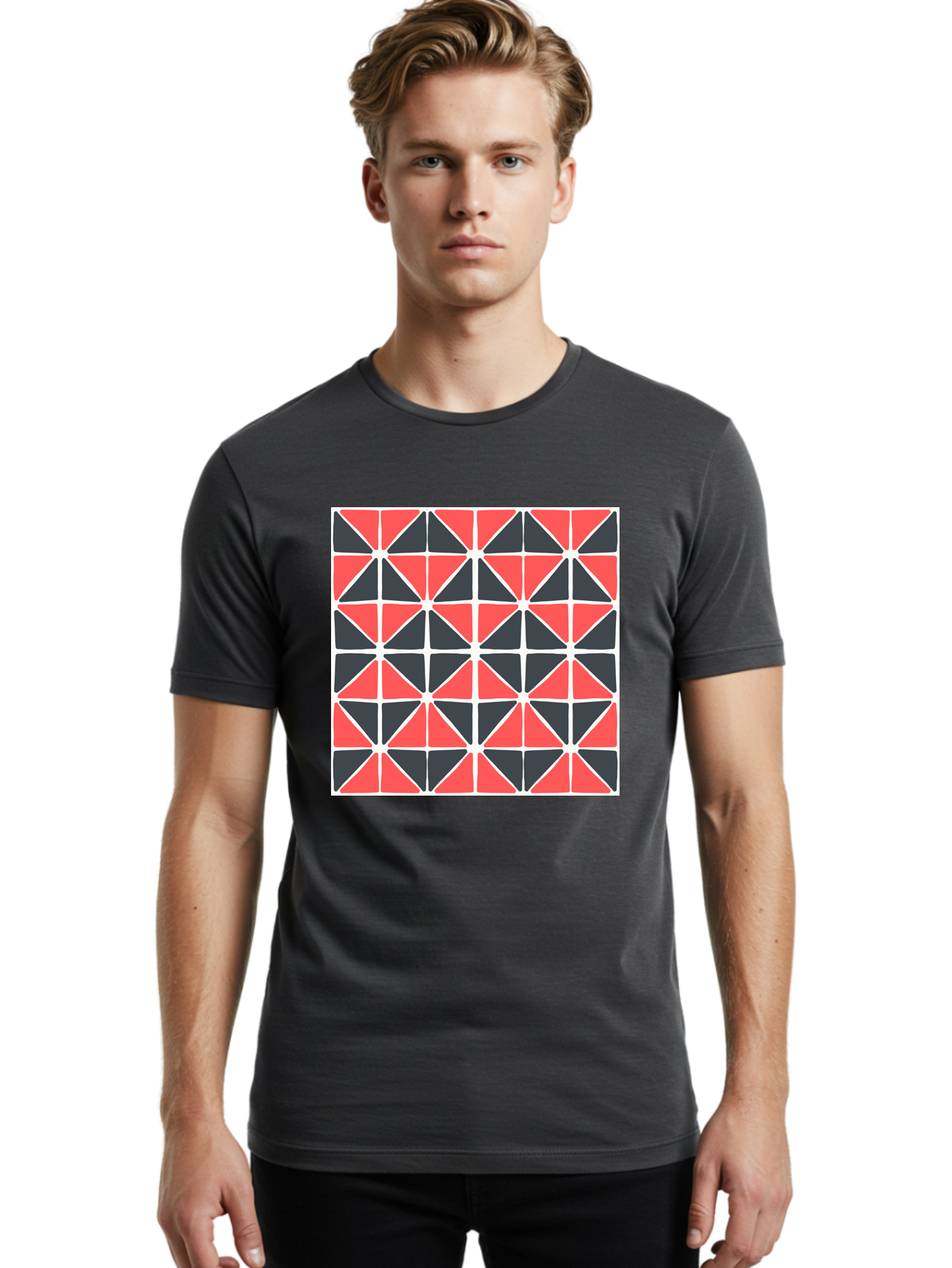 Geometric-Pattern Men'S Graphic Tee, 100% Cotton, Comfortable Casual Summer Wear, Machine Washable, Geometric Pattern, Red And Black Triangles, Abstract Design, Modern Art, Seamless Pattern, Graphic Design, Symmetrical Shapes, Aab752 18