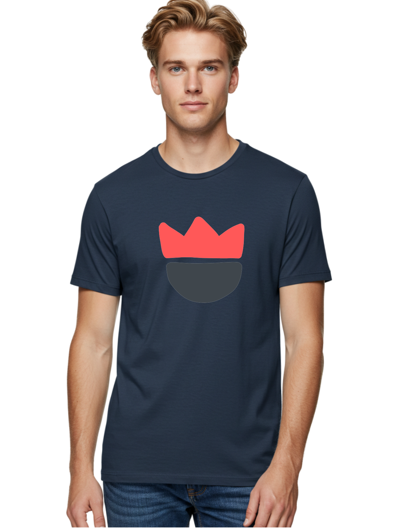 King-Face Men'S Graphic Tee, 100% Cotton, Comfortable Casual Summer Wear, Machine Washable, Crown, Bearded Man, Dark Blue Beard, Red Crown, Simple Illustration, Minimalist Art, Modern Design, King Icon, Facial Representation, Digital Graphics Aab759 24