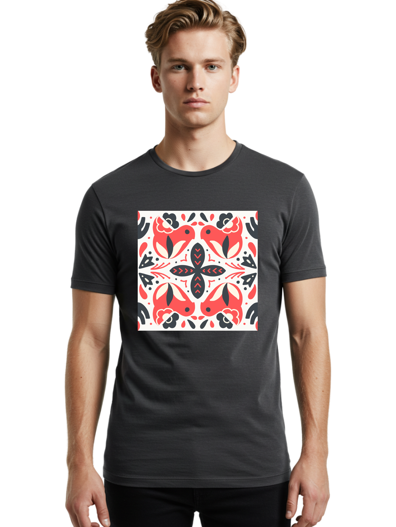 Koi-Fish-Pattern Men'S Graphic Tee, 100% Cotton, Comfortable Casual Summer Wear, Machine Washable, Koi Fish Pattern, Red And Black Design, Floral Motifs, Symmetrical Pattern, Abstract Shapes, Decorative Elements, Traditional Japanese Design, Aab761 16
