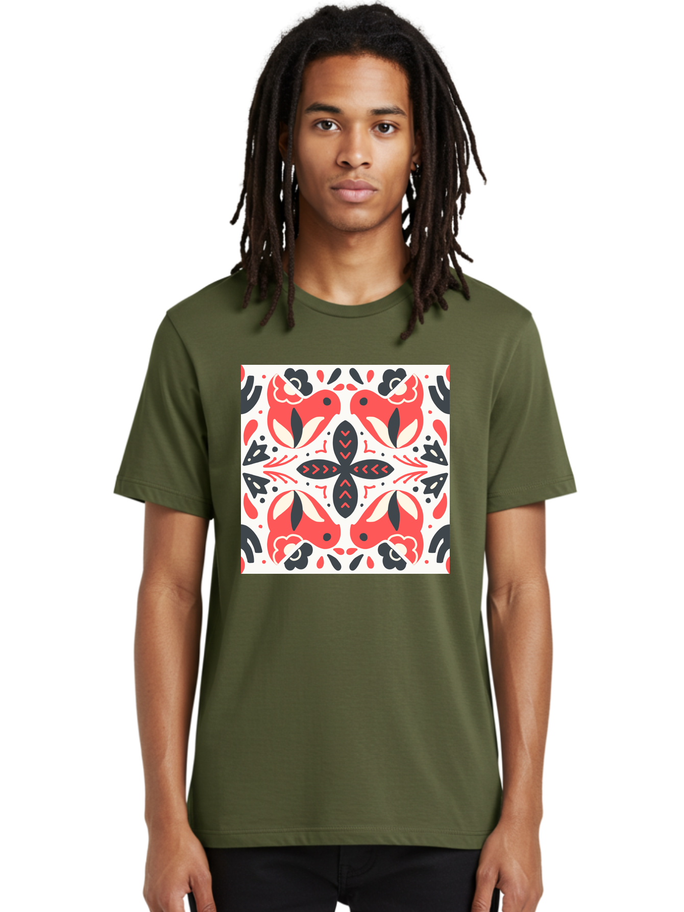 Koi-Fish-Pattern Men'S Graphic Tee, 100% Cotton, Comfortable Casual Summer Wear, Machine Washable, Koi Fish Pattern, Red And Black Design, Floral Motifs, Symmetrical Pattern, Abstract Shapes, Decorative Elements, Traditional Japanese Design, Aab761 30