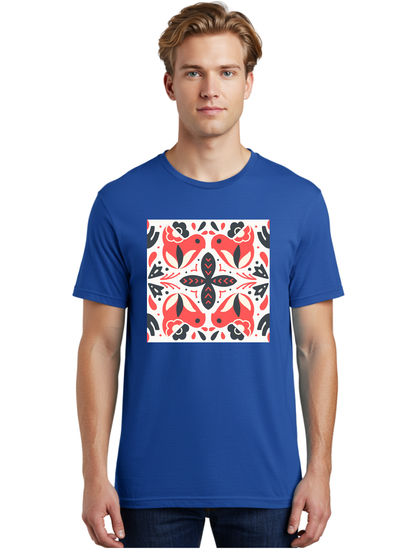 Koi-Fish-Pattern Men'S Graphic Tee, 100% Cotton, Comfortable Casual Summer Wear, Machine Washable, Koi Fish Pattern, Red And Black Design, Floral Motifs, Symmetrical Pattern, Abstract Shapes, Decorative Elements, Traditional Japanese Design, Aab761 2