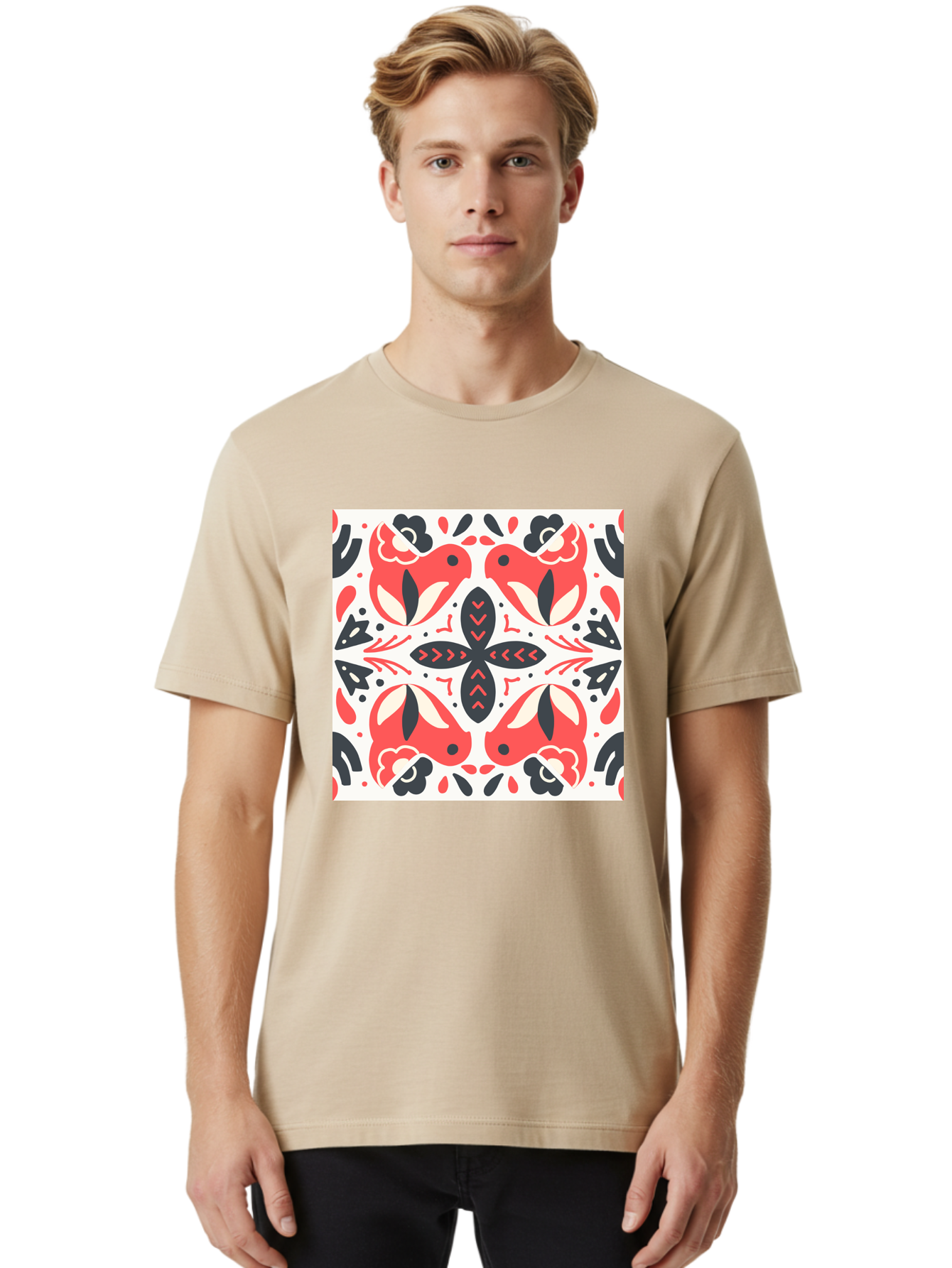 Koi-Fish-Pattern Men'S Graphic Tee, 100% Cotton, Comfortable Casual Summer Wear, Machine Washable, Koi Fish Pattern, Red And Black Design, Floral Motifs, Symmetrical Pattern, Abstract Shapes, Decorative Elements, Traditional Japanese Design, Aab761 28