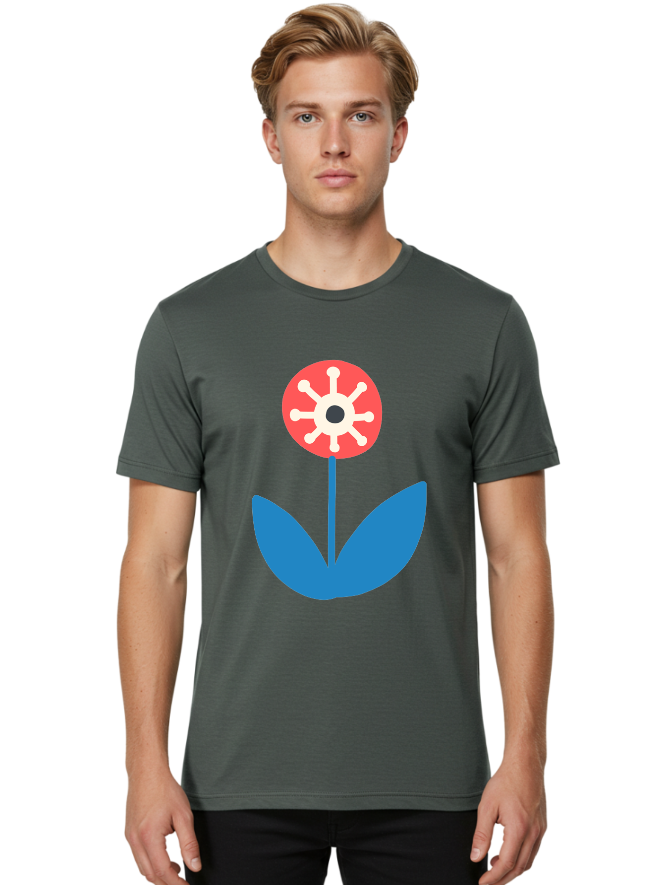 Piranha-Plant Men'S Graphic Tee, 100% Cotton, Comfortable Casual Summer Wear, Machine Washable, Cartoon Flower, Red Bloom, Blue Leaves, White And Black Center, Mushroom Inspired, Video Game Art, Super Mario, Simple Shapes, Bold Colors, Aab773 24