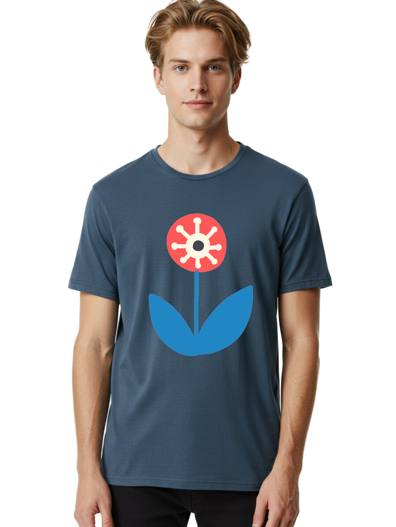 Piranha-Plant Men'S Graphic Tee, 100% Cotton, Comfortable Casual Summer Wear, Machine Washable, Cartoon Flower, Red Bloom, Blue Leaves, White And Black Center, Mushroom Inspired, Video Game Art, Super Mario, Simple Shapes, Bold Colors, Aab773 22