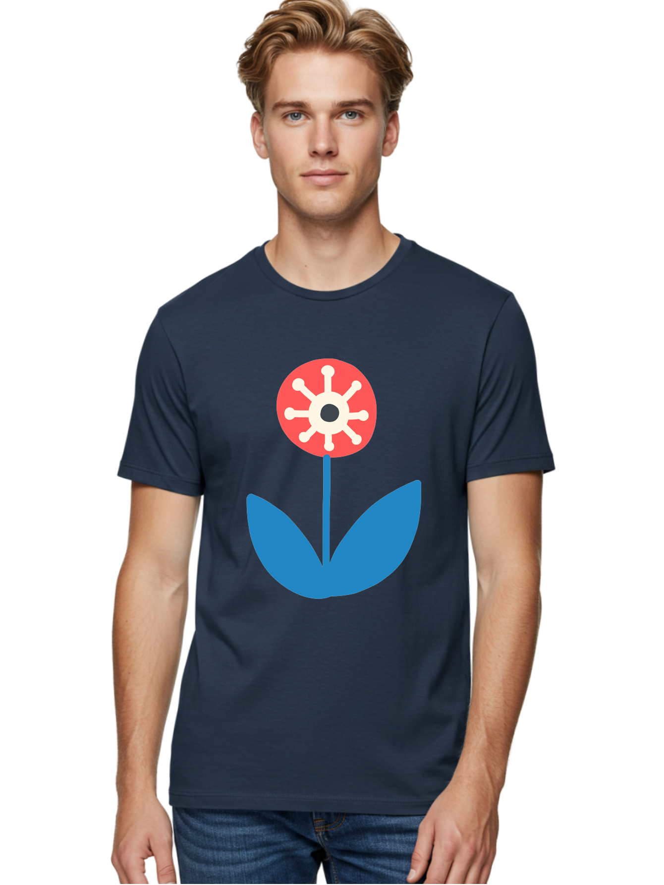 Piranha-Plant Men'S Graphic Tee, 100% Cotton, Comfortable Casual Summer Wear, Machine Washable, Cartoon Flower, Red Bloom, Blue Leaves, White And Black Center, Mushroom Inspired, Video Game Art, Super Mario, Simple Shapes, Bold Colors, Aab773 30