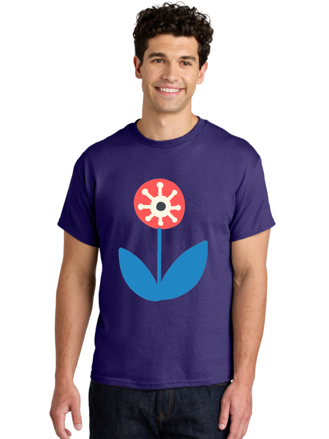 Piranha-Plant Men'S Graphic Tee, 100% Cotton, Comfortable Casual Summer Wear, Machine Washable, Cartoon Flower, Red Bloom, Blue Leaves, White And Black Center, Mushroom Inspired, Video Game Art, Super Mario, Simple Shapes, Bold Colors, Aab773 2