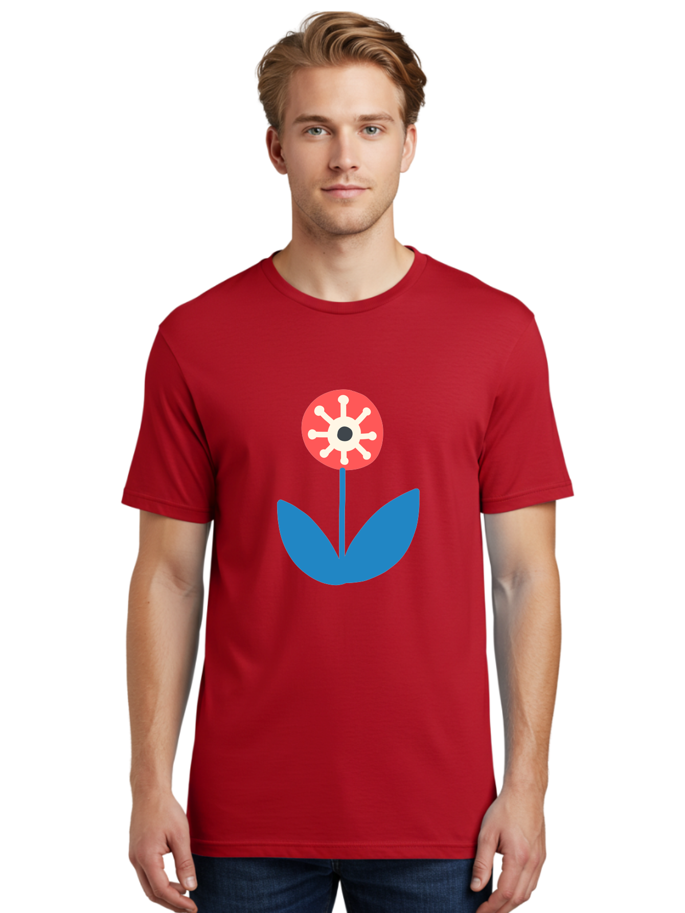Piranha-Plant Men'S Graphic Tee, 100% Cotton, Comfortable Casual Summer Wear, Machine Washable, Cartoon Flower, Red Bloom, Blue Leaves, White And Black Center, Mushroom Inspired, Video Game Art, Super Mario, Simple Shapes, Bold Colors, Aab773 20