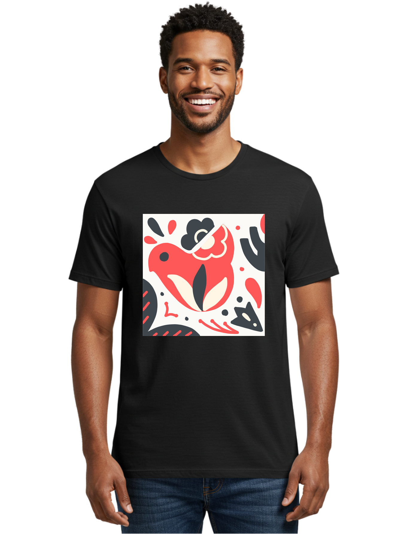 Red-Bird Men'S Graphic Tee, 100% Cotton, Comfortable Casual Summer Wear, Machine Washable, Stylized Fish Illustration, Abstract Shapes, Red And Black Accents, Modern Design, Artistic Expression, Creative Graphics, Bold Colors, Whimsical Art Aab779 30