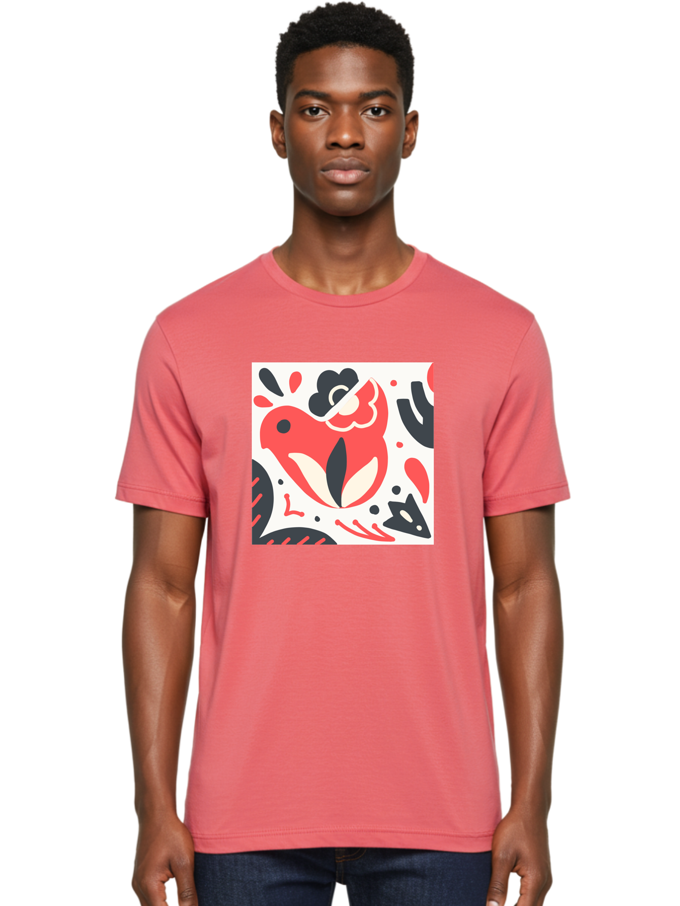 Red-Bird Men'S Graphic Tee, 100% Cotton, Comfortable Casual Summer Wear, Machine Washable, Stylized Fish Illustration, Abstract Shapes, Red And Black Accents, Modern Design, Artistic Expression, Creative Graphics, Bold Colors, Whimsical Art Aab779 16