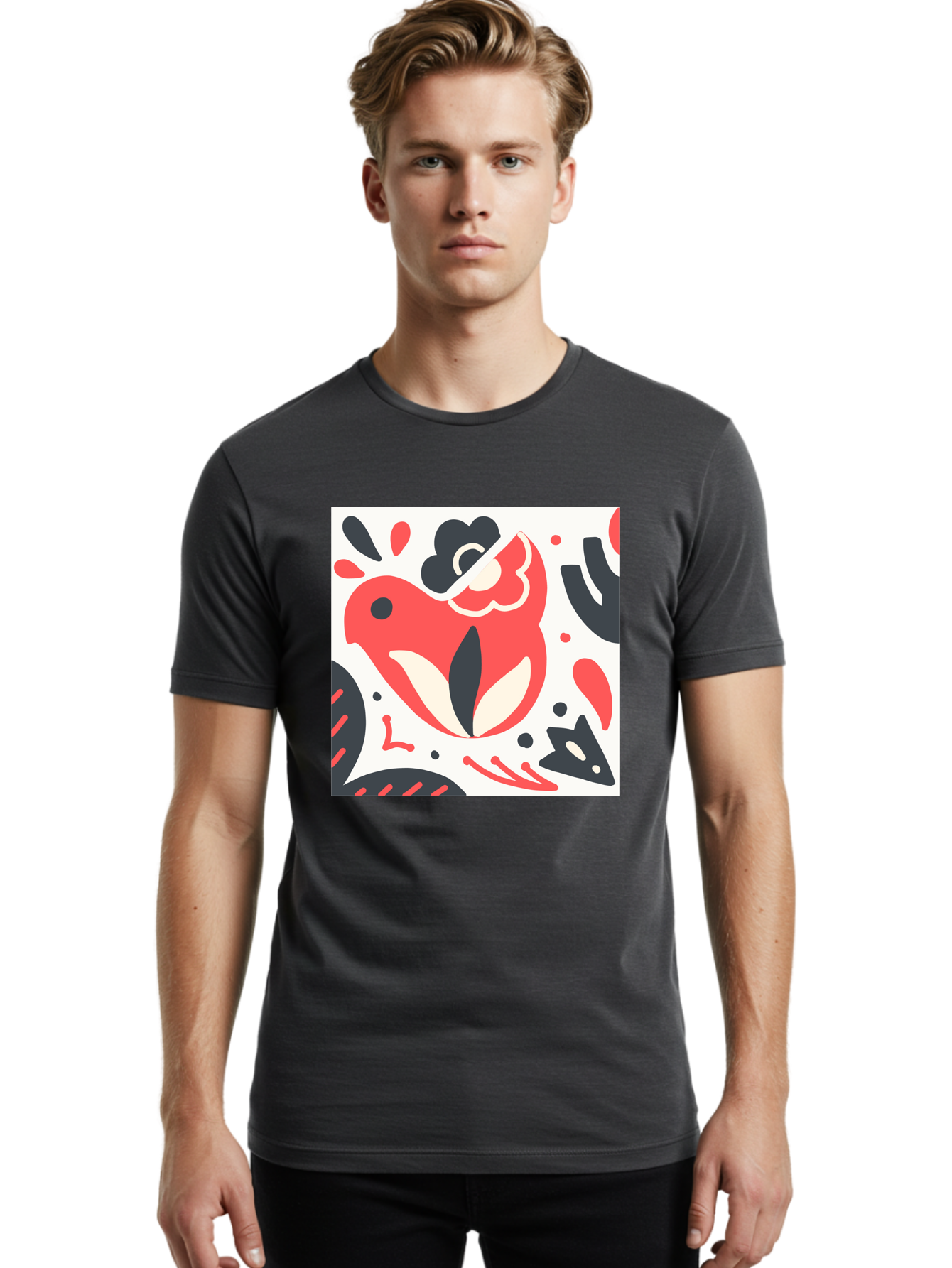 Red-Bird Men'S Graphic Tee, 100% Cotton, Comfortable Casual Summer Wear, Machine Washable, Stylized Fish Illustration, Abstract Shapes, Red And Black Accents, Modern Design, Artistic Expression, Creative Graphics, Bold Colors, Whimsical Art Aab779 20