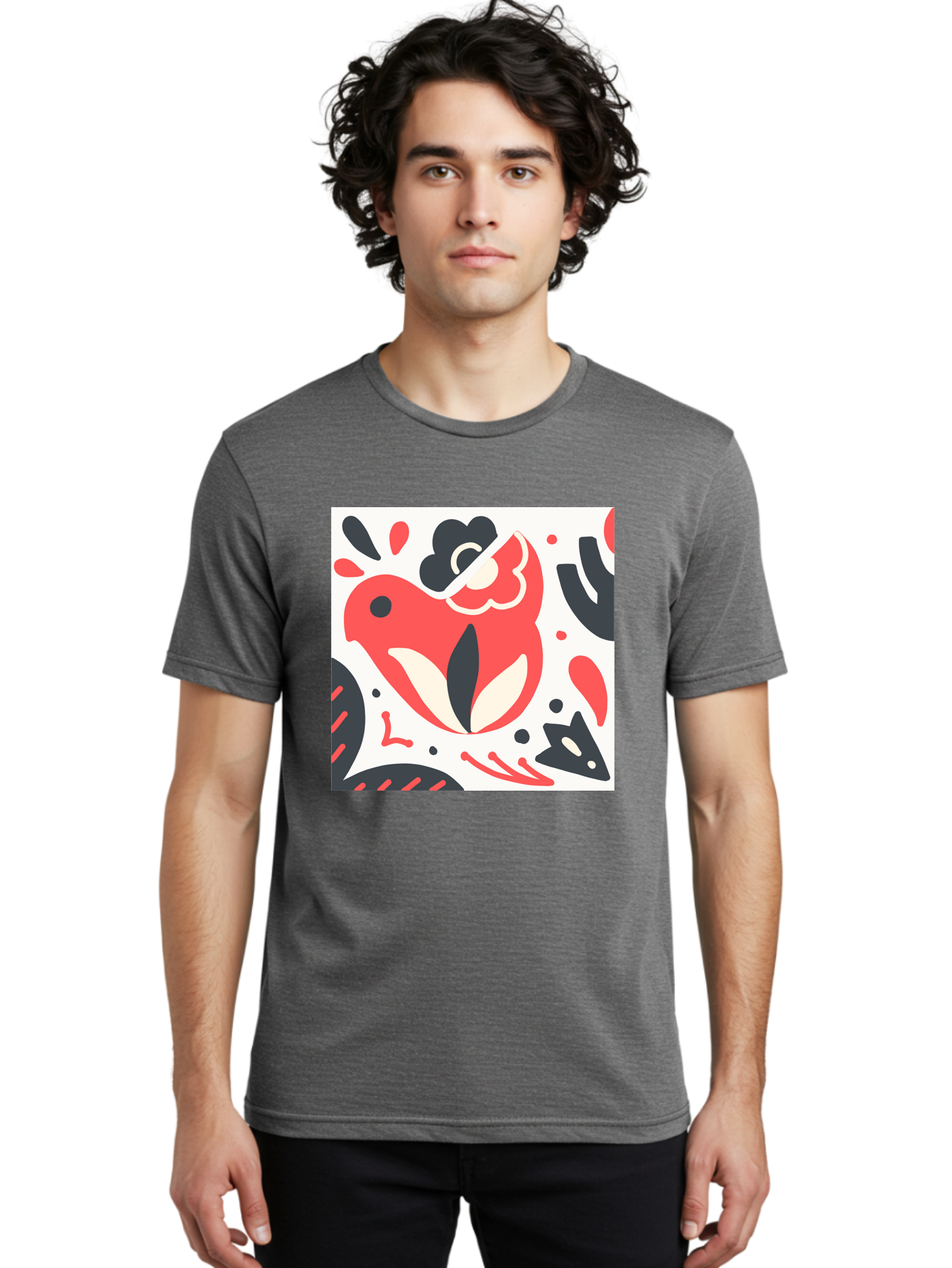 Red-Bird Men'S Graphic Tee, 100% Cotton, Comfortable Casual Summer Wear, Machine Washable, Stylized Fish Illustration, Abstract Shapes, Red And Black Accents, Modern Design, Artistic Expression, Creative Graphics, Bold Colors, Whimsical Art Aab779 28