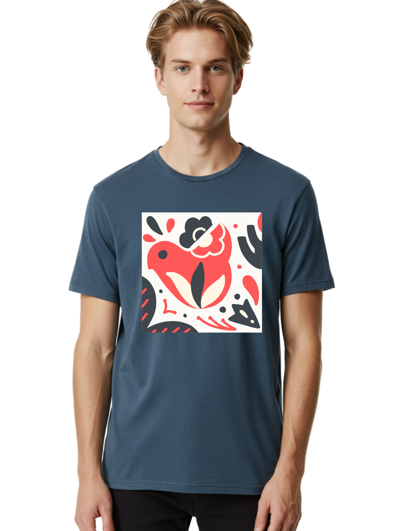 Red-Bird Men'S Graphic Tee, 100% Cotton, Comfortable Casual Summer Wear, Machine Washable, Stylized Fish Illustration, Abstract Shapes, Red And Black Accents, Modern Design, Artistic Expression, Creative Graphics, Bold Colors, Whimsical Art Aab779 14