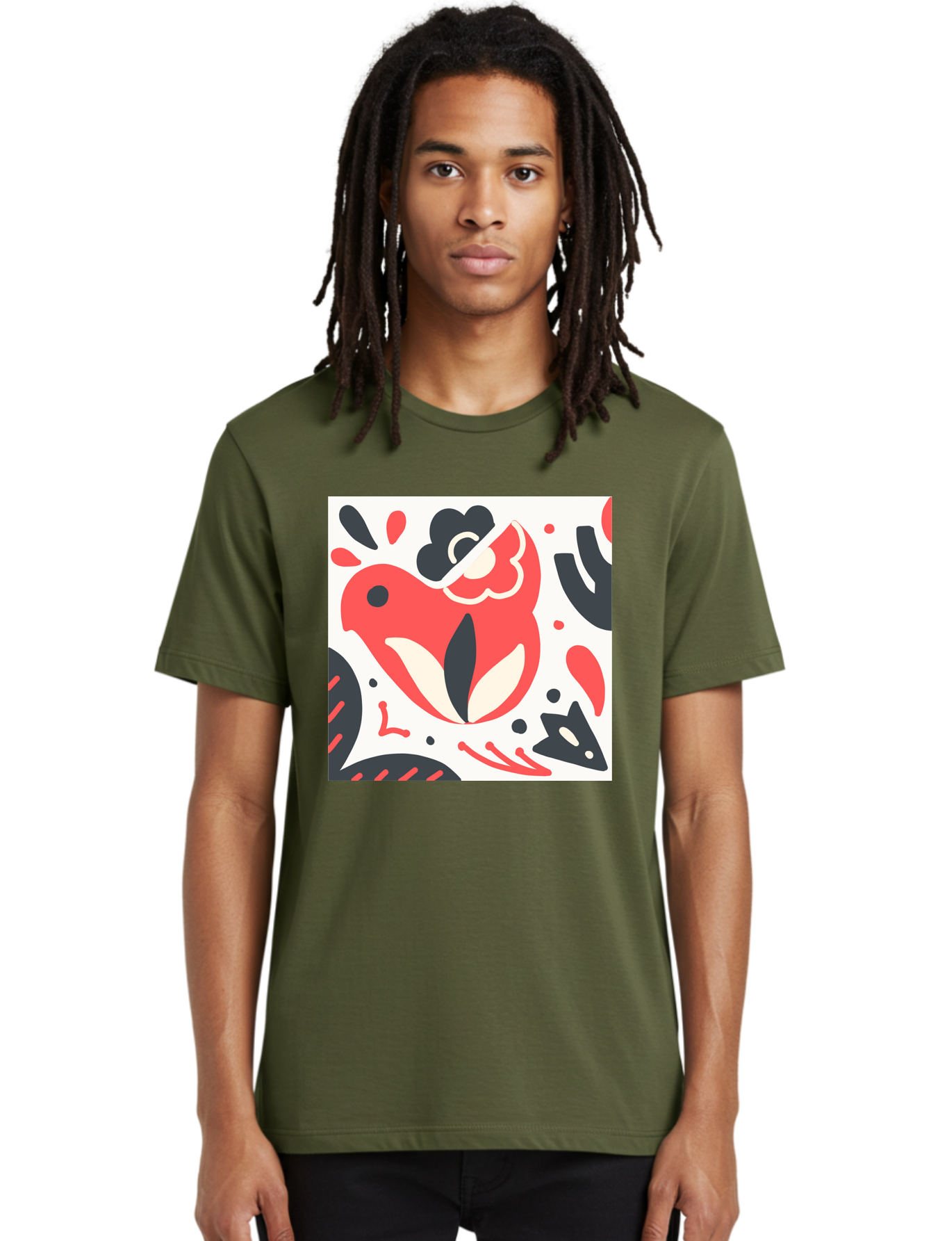 Red-Bird Men'S Graphic Tee, 100% Cotton, Comfortable Casual Summer Wear, Machine Washable, Stylized Fish Illustration, Abstract Shapes, Red And Black Accents, Modern Design, Artistic Expression, Creative Graphics, Bold Colors, Whimsical Art Aab779 10