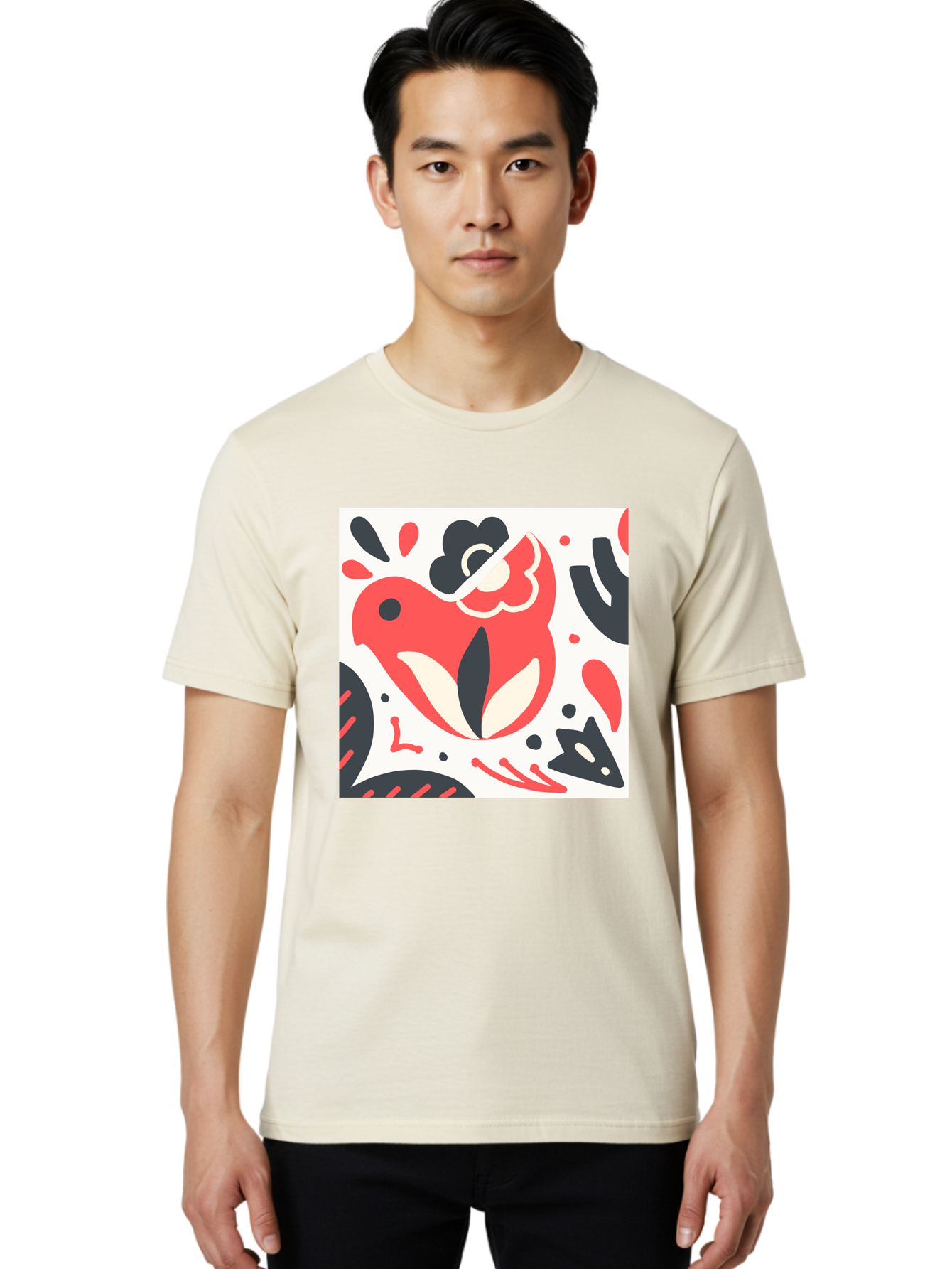 Red-Bird Men'S Graphic Tee, 100% Cotton, Comfortable Casual Summer Wear, Machine Washable, Stylized Fish Illustration, Abstract Shapes, Red And Black Accents, Modern Design, Artistic Expression, Creative Graphics, Bold Colors, Whimsical Art Aab779 22