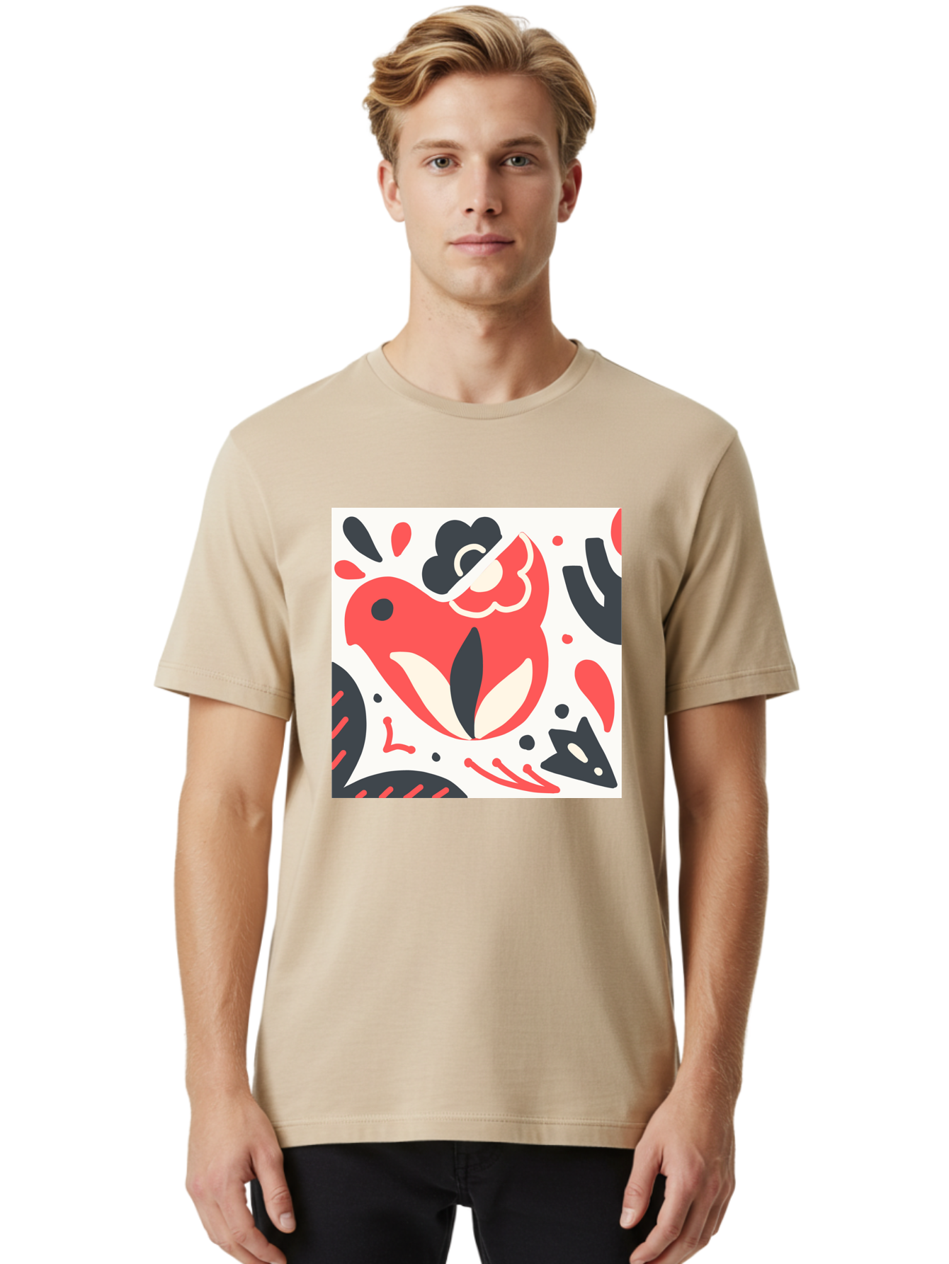 Red-Bird Men'S Graphic Tee, 100% Cotton, Comfortable Casual Summer Wear, Machine Washable, Stylized Fish Illustration, Abstract Shapes, Red And Black Accents, Modern Design, Artistic Expression, Creative Graphics, Bold Colors, Whimsical Art Aab779 24