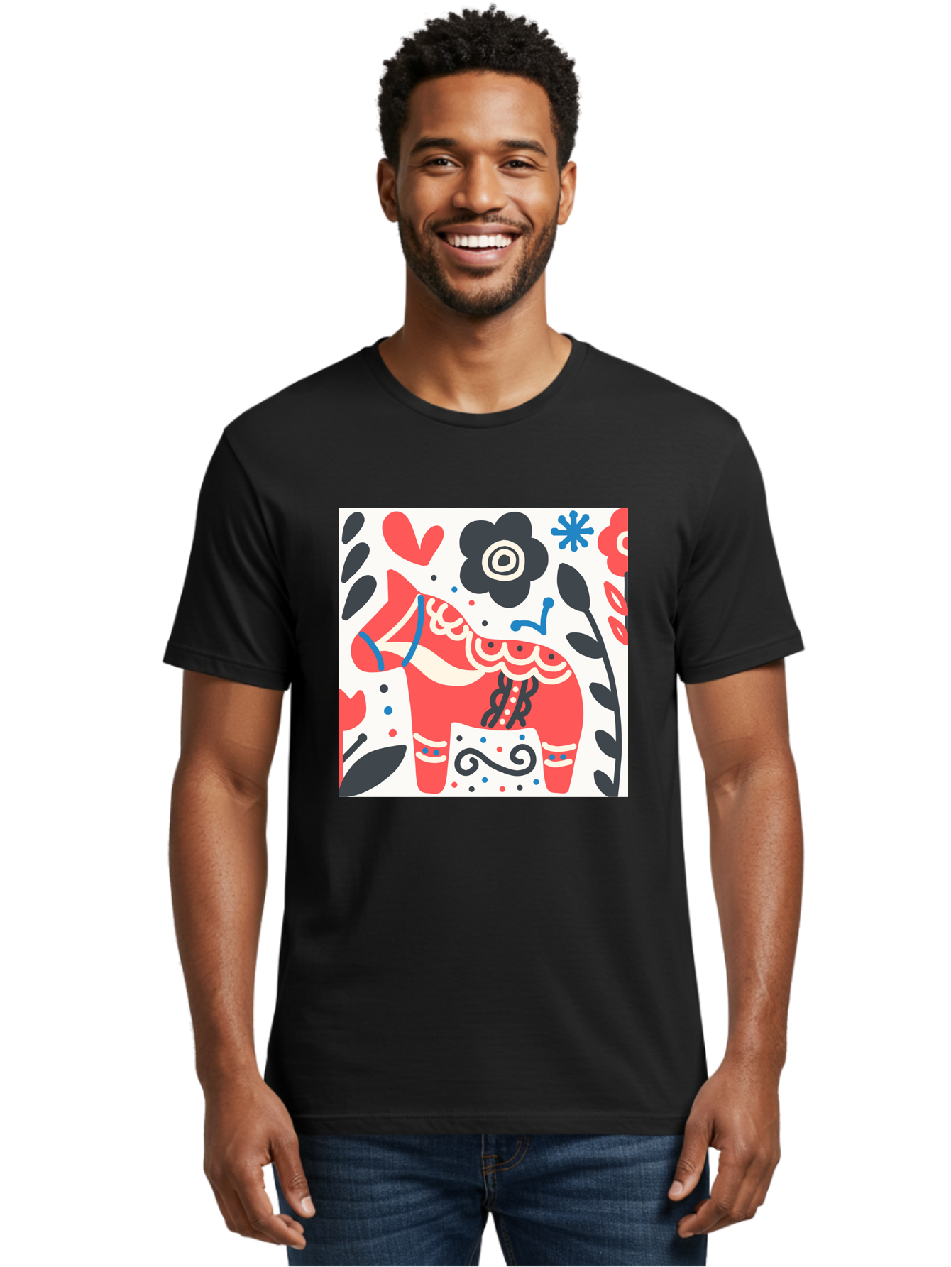 Red-Horse Men'S Graphic Tee, 100% Cotton, Comfortable Casual Summer Wear, Machine Washable, Red Dala Horse, Floral Pattern, Black And Red Flowers, Abstract Design, Folk Art, Swedish Heritage, Decorative Art, Vibrant Colors, Whimsical Design, Aab788 30