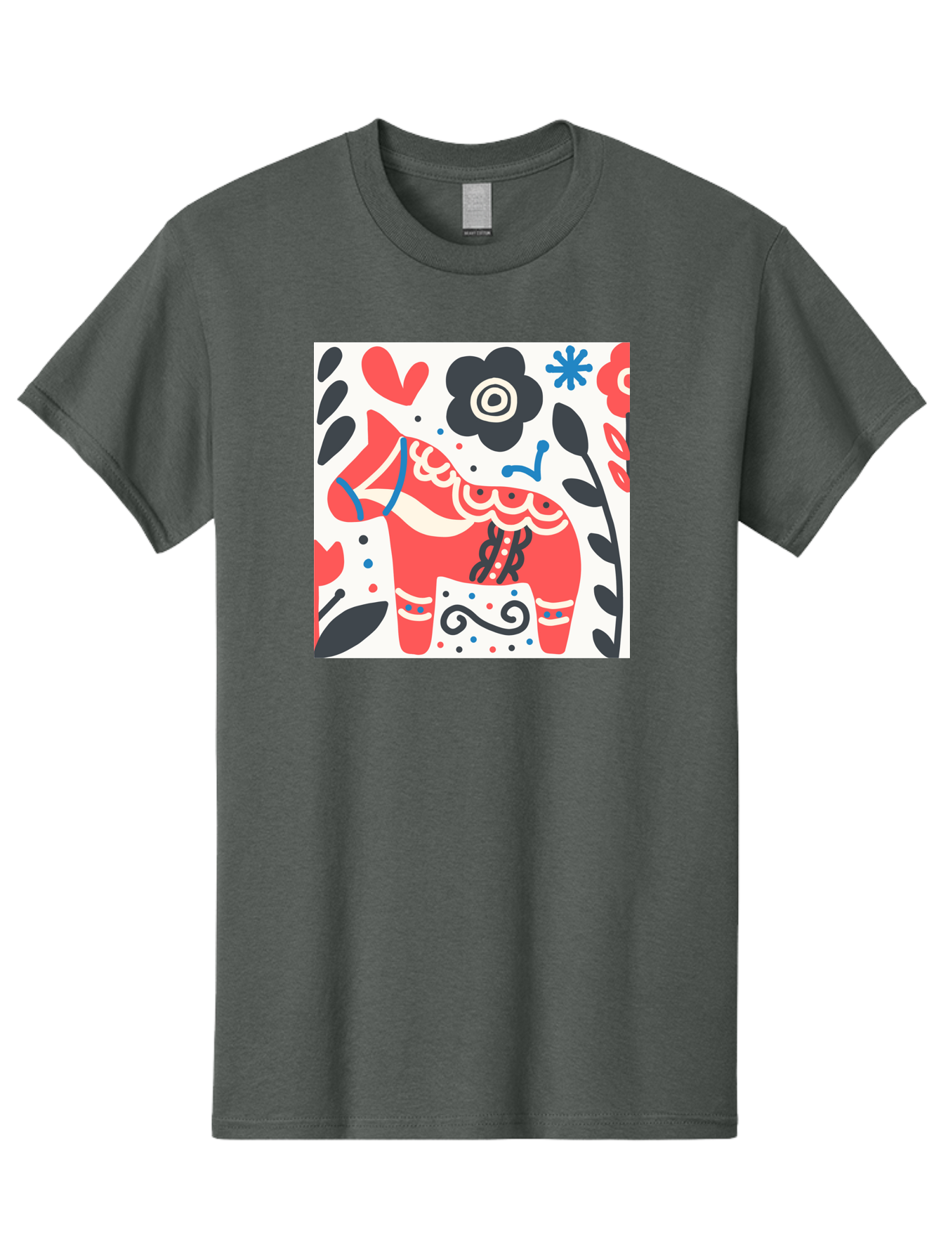 Red-Horse Men'S Graphic Tee, 100% Cotton, Comfortable Casual Summer Wear, Machine Washable, Red Dala Horse, Floral Pattern, Black And Red Flowers, Abstract Design, Folk Art, Swedish Heritage, Decorative Art, Vibrant Colors, Whimsical Design, Aab788 11