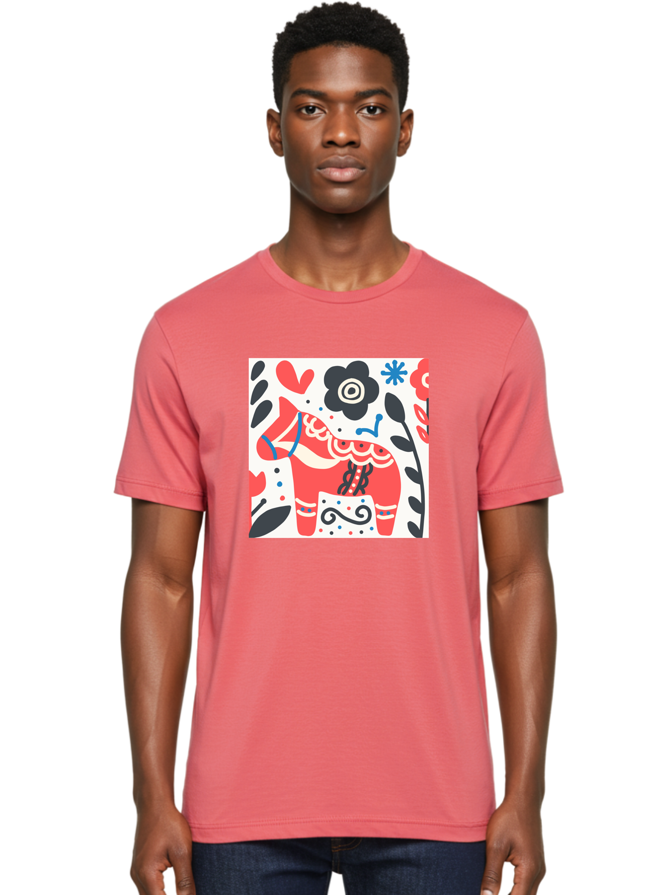 Red-Horse Men'S Graphic Tee, 100% Cotton, Comfortable Casual Summer Wear, Machine Washable, Red Dala Horse, Floral Pattern, Black And Red Flowers, Abstract Design, Folk Art, Swedish Heritage, Decorative Art, Vibrant Colors, Whimsical Design, Aab788 10