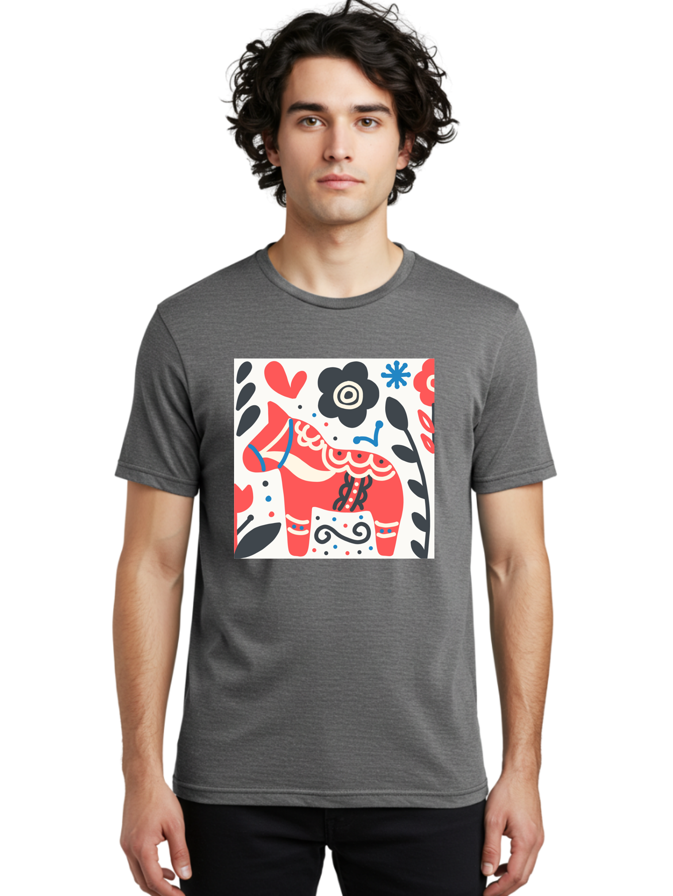 Red-Horse Men'S Graphic Tee, 100% Cotton, Comfortable Casual Summer Wear, Machine Washable, Red Dala Horse, Floral Pattern, Black And Red Flowers, Abstract Design, Folk Art, Swedish Heritage, Decorative Art, Vibrant Colors, Whimsical Design, Aab788 4