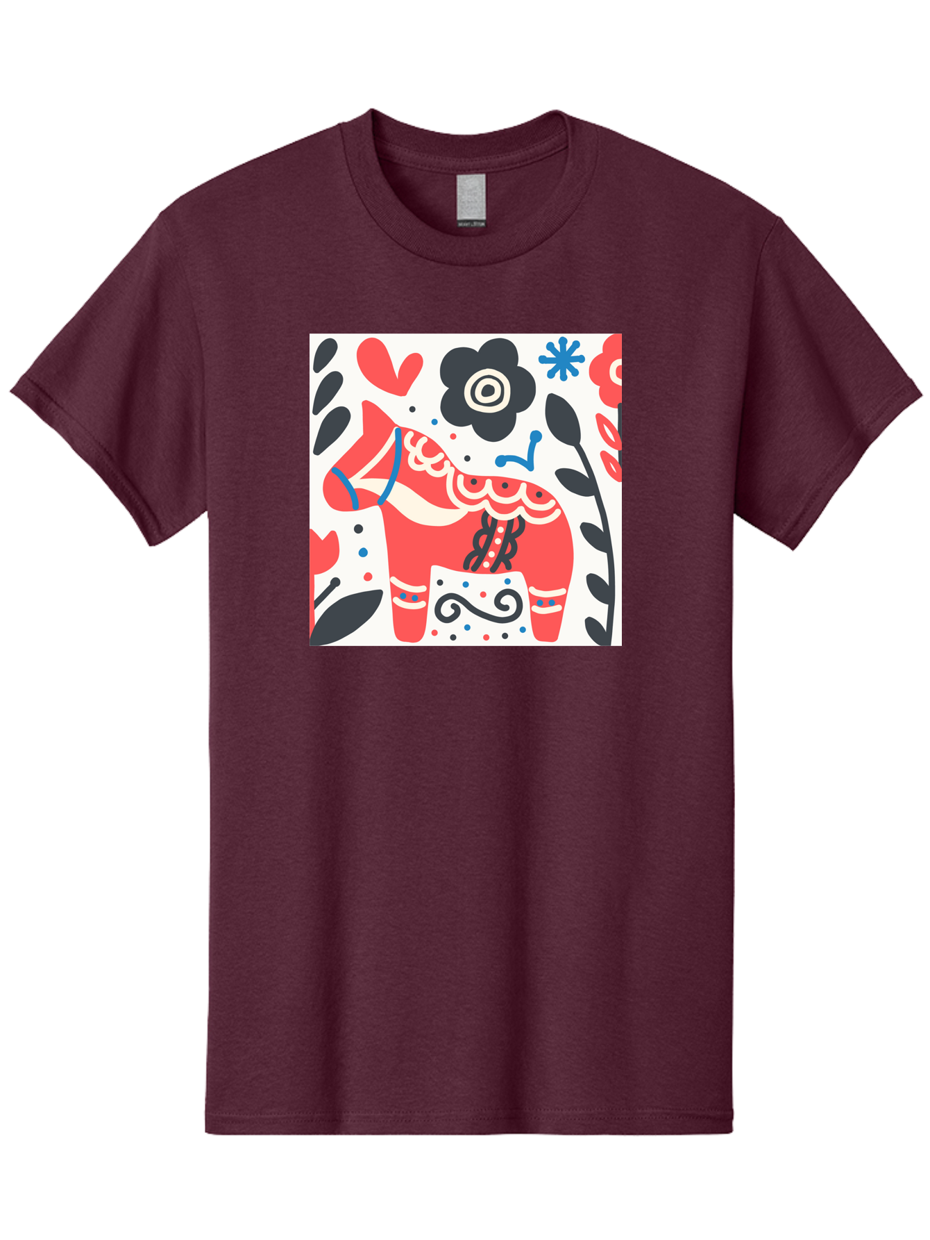 Red-Horse Men'S Graphic Tee, 100% Cotton, Comfortable Casual Summer Wear, Machine Washable, Red Dala Horse, Floral Pattern, Black And Red Flowers, Abstract Design, Folk Art, Swedish Heritage, Decorative Art, Vibrant Colors, Whimsical Design, Aab788 17